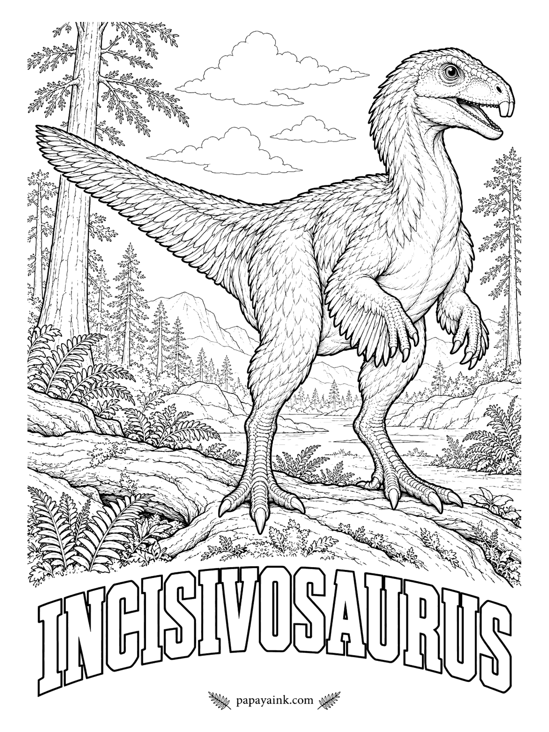 Free Printable Dinosaur Coloring Pages - Buck teeth on a dinosaur. Incisivosaurus (in-SIZE-ih-voh-SORE-us, incisor lizard) had two big front teeth like a rodent's, worn in a way that suggests it gnawed plants. An early relative of Oviraptor, almost certainly feathered and roughly 3 feet long. China, about 125 million years ago.
