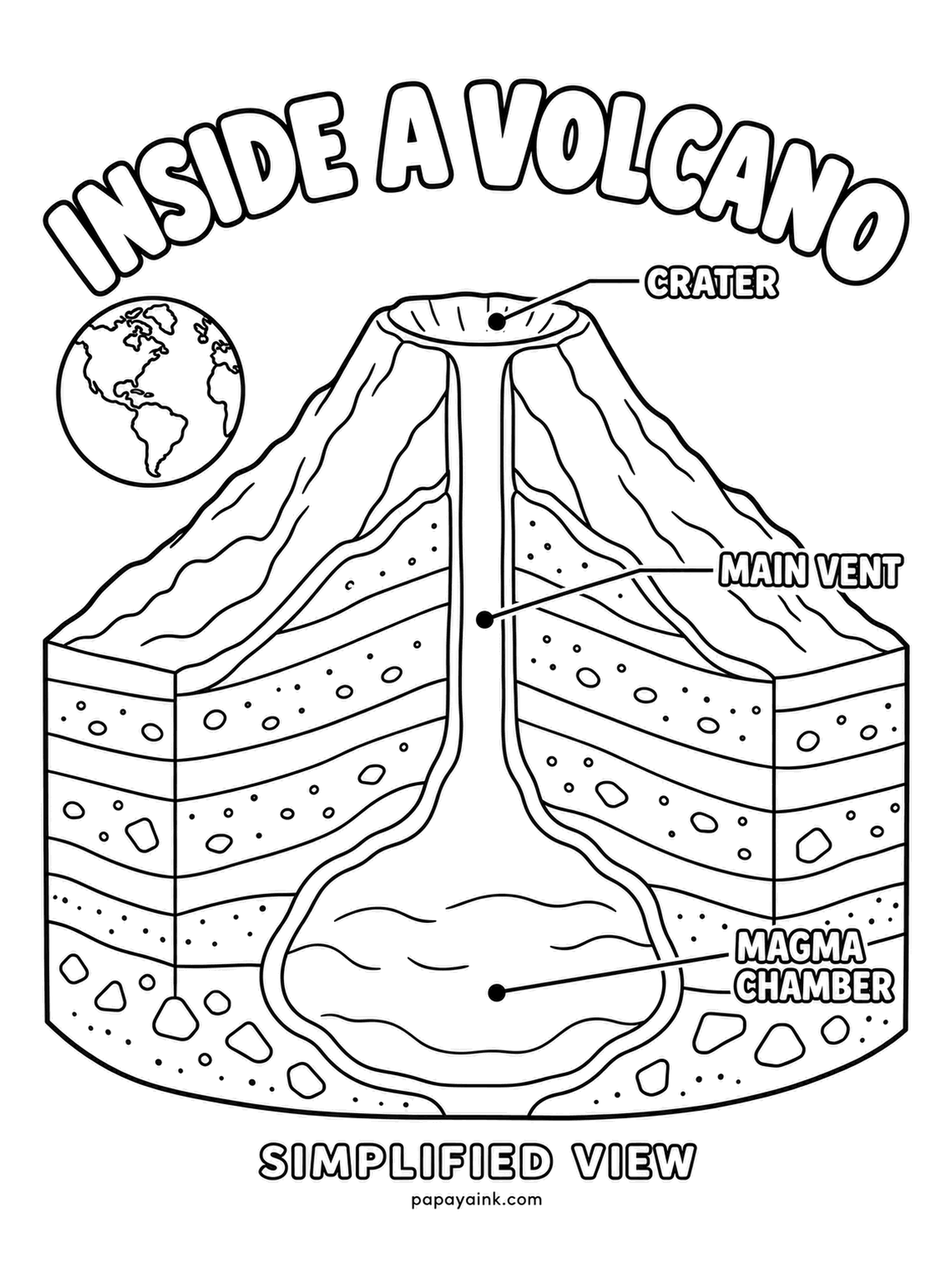 Earth Coloring Pages - Crater at the summit, main vent running down through layered rock, magma chamber bulging at the bottom - the volcano is cut open like a cake. Magma glows orange and yellow underground and only becomes lava once it reaches the air. Detailed.