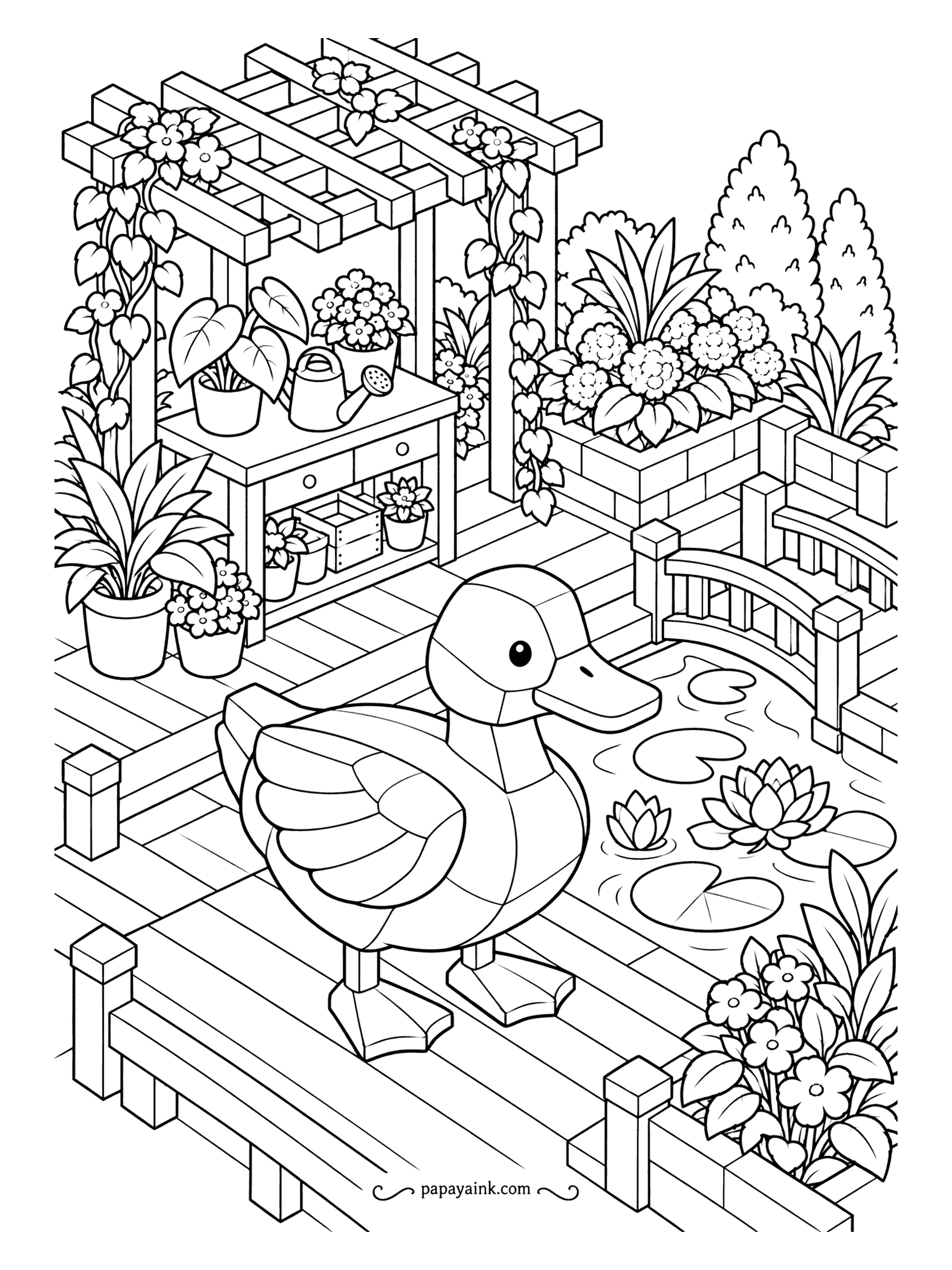 Duck Coloring Pages - A low-poly duck stands on a wooden deck in a tidy isometric garden with a pergola, a potting bench, a little bridge and a lily pond. Treat each face as its own tile and the 3D effect appears on its own.