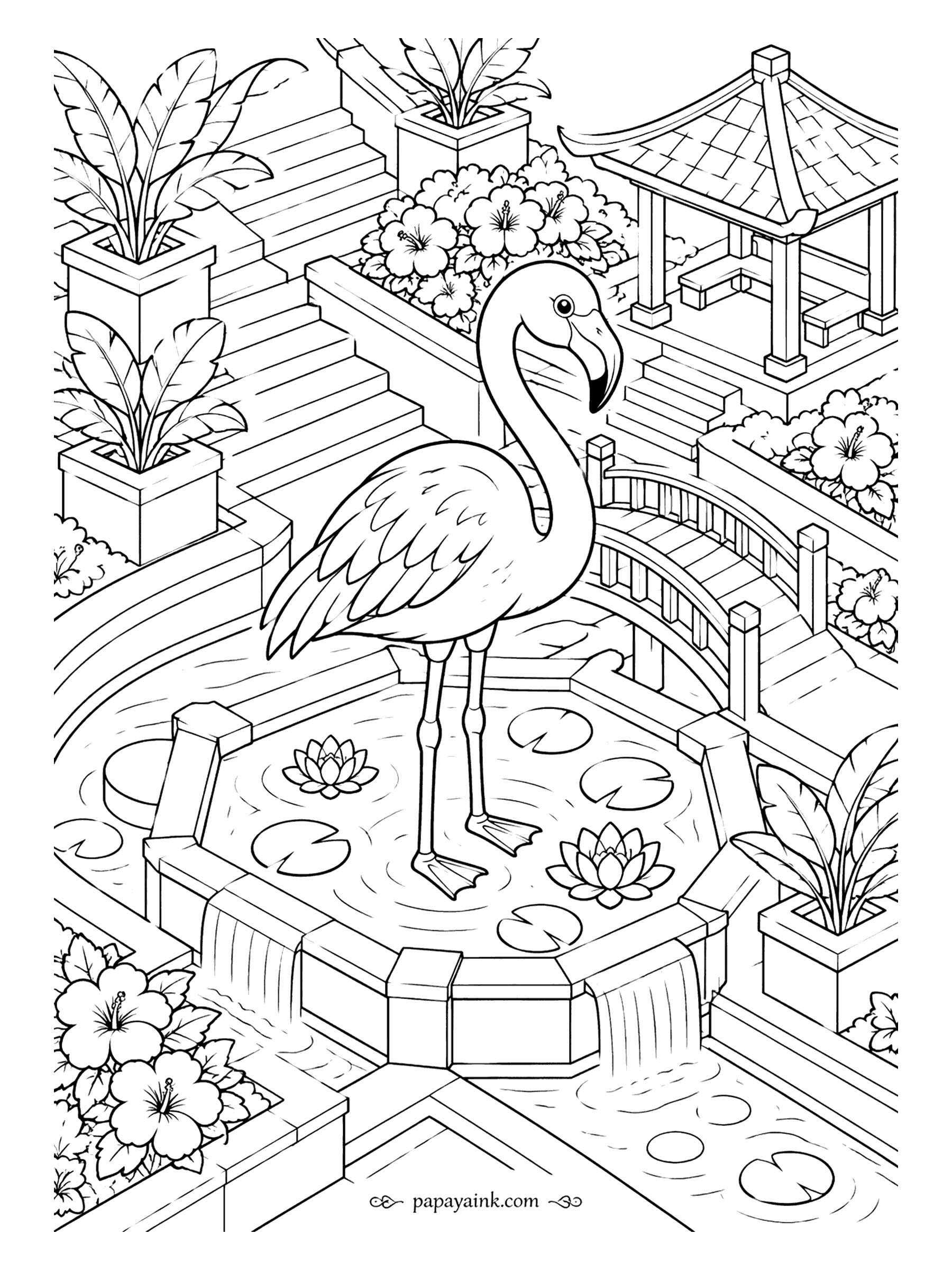 Flamingo Coloring Pages - Seen from a raised corner angle, a tiered garden with a pagoda, a footbridge, planters and water spilling between stone basins, and a flamingo in the pond at its center. Stone grays, leaf greens, one pink bird. Detailed.