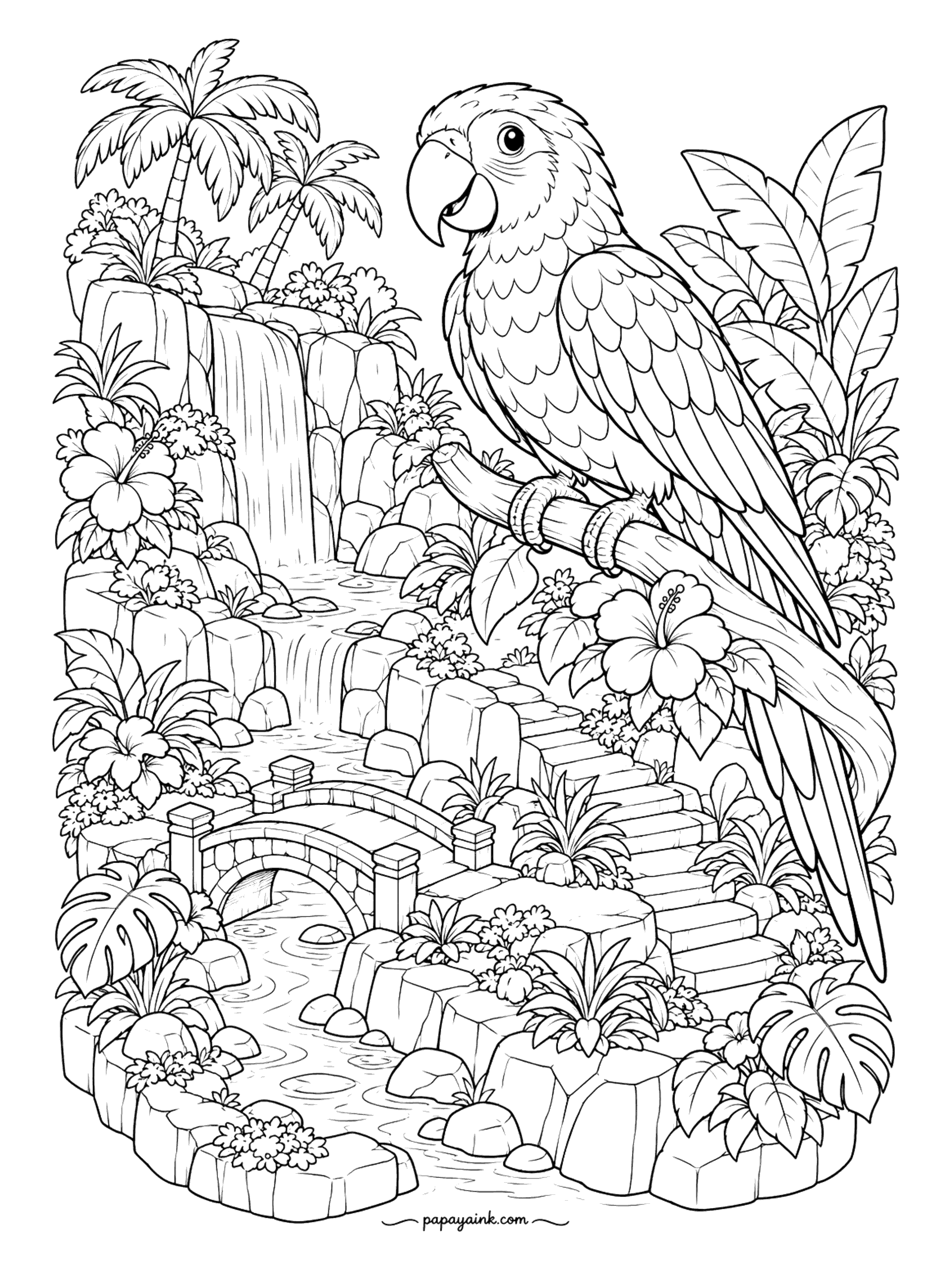 Parrot Coloring Pages - Isometric view of a floating island: a waterfall, a stone bridge, a stairway up the rock, and a parrot on a branch surveying all of it. Detailed - the small plants and stones reward patience.