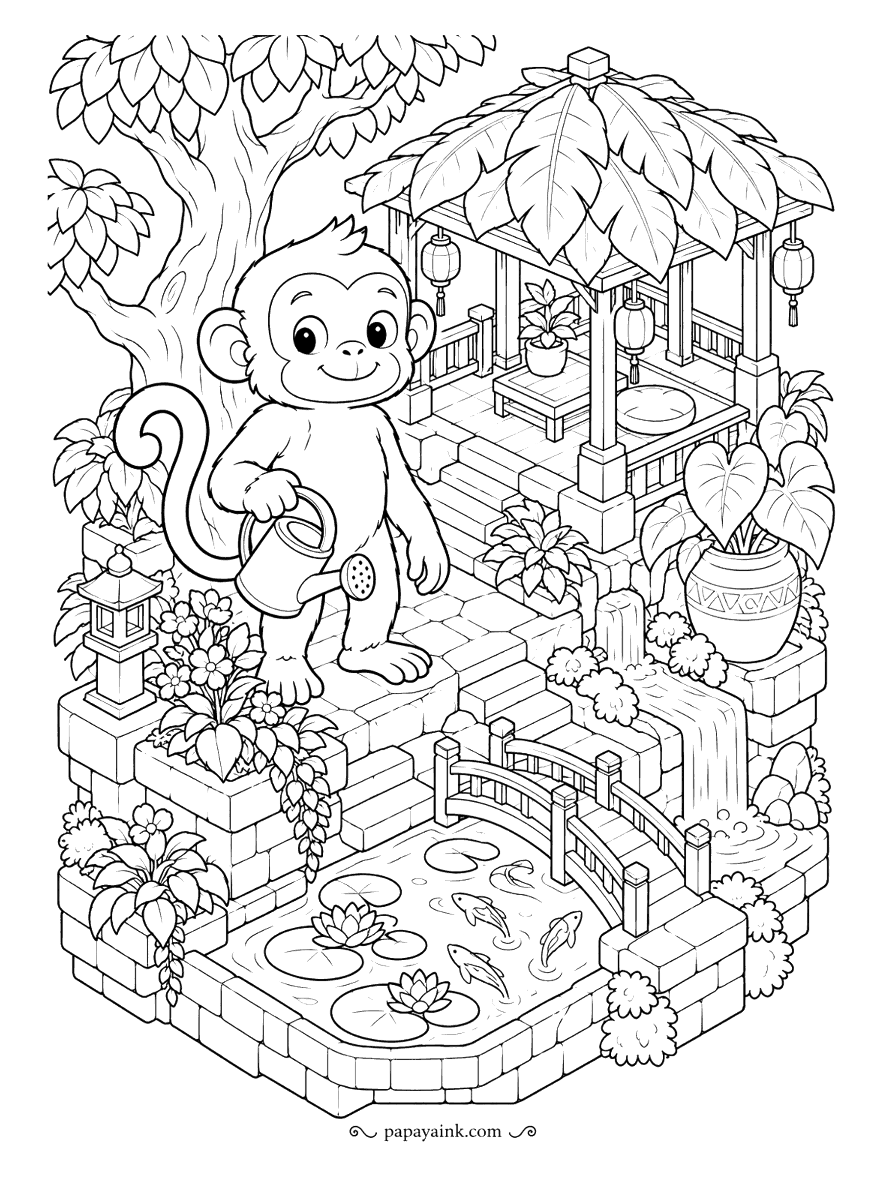 Monkey Coloring Pages - Seen from above, a tiny world: stone terraces, a pavilion roofed with leaves, an arched bridge and a koi pond with lily pads, and a monkey with a watering can tending it all. Detailed - take it one terrace at a time.