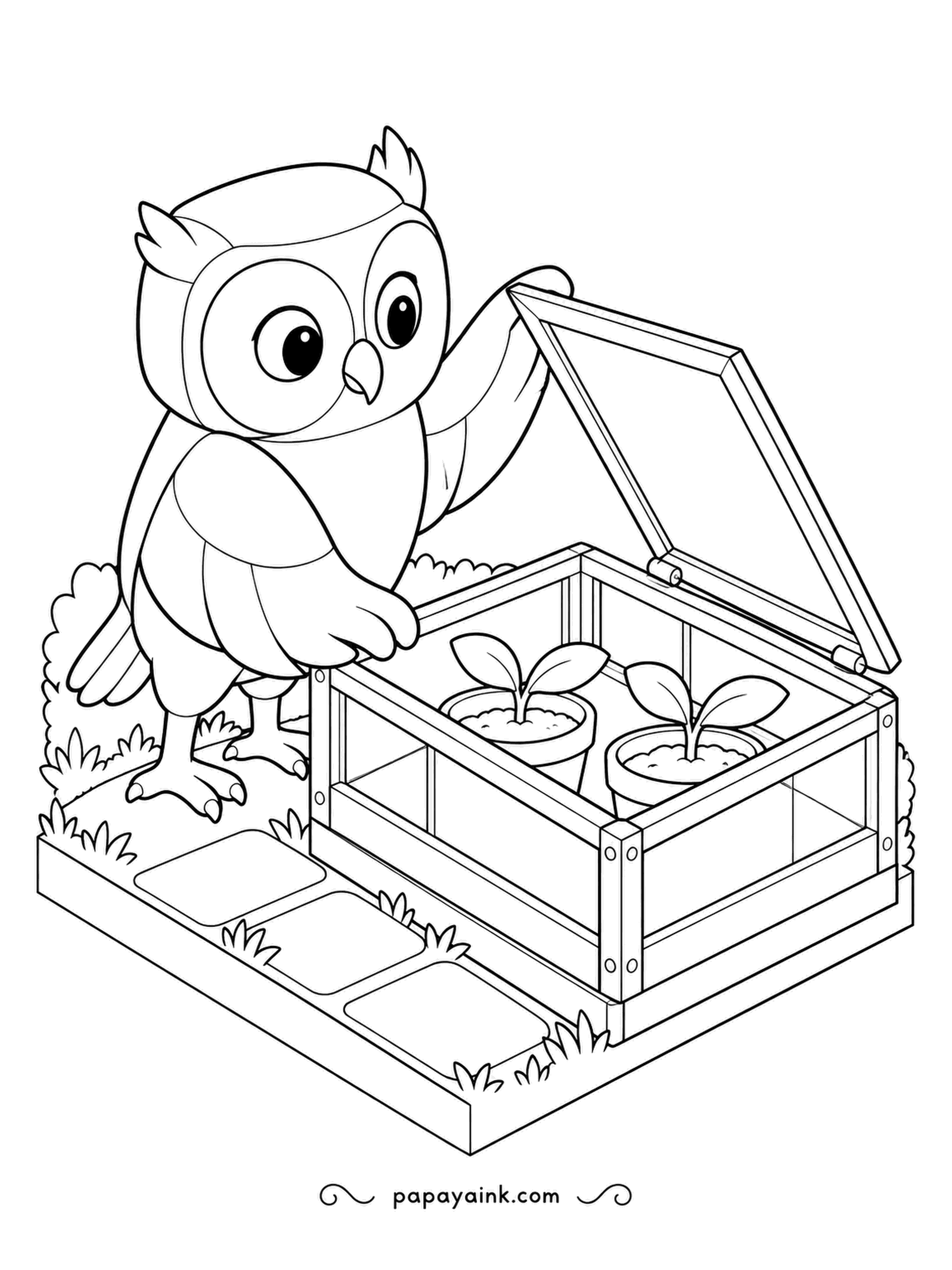 Owl Coloring Pages - A cold frame is a tiny glass greenhouse for seedlings, and on warm days you open the lid to let air in. The owl is doing exactly that. Isometric lines - fresh leafy tones and terracotta.