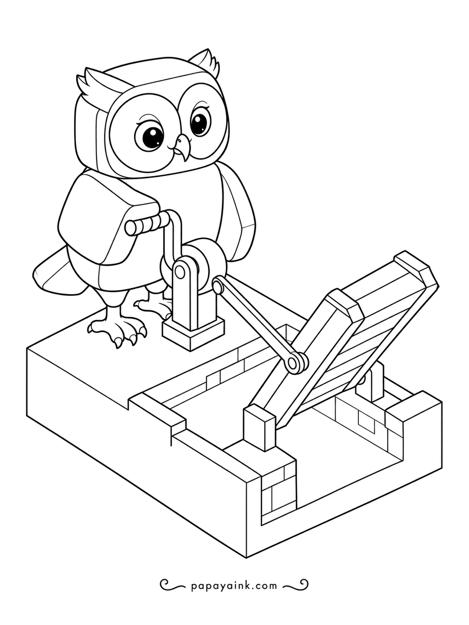 Owl Coloring Pages - Crank turns, chain pulls, bridge rises: a feathered engineer works a tabletop drawbridge over a little brick moat. Isometric lines - stone grays and warm wood.