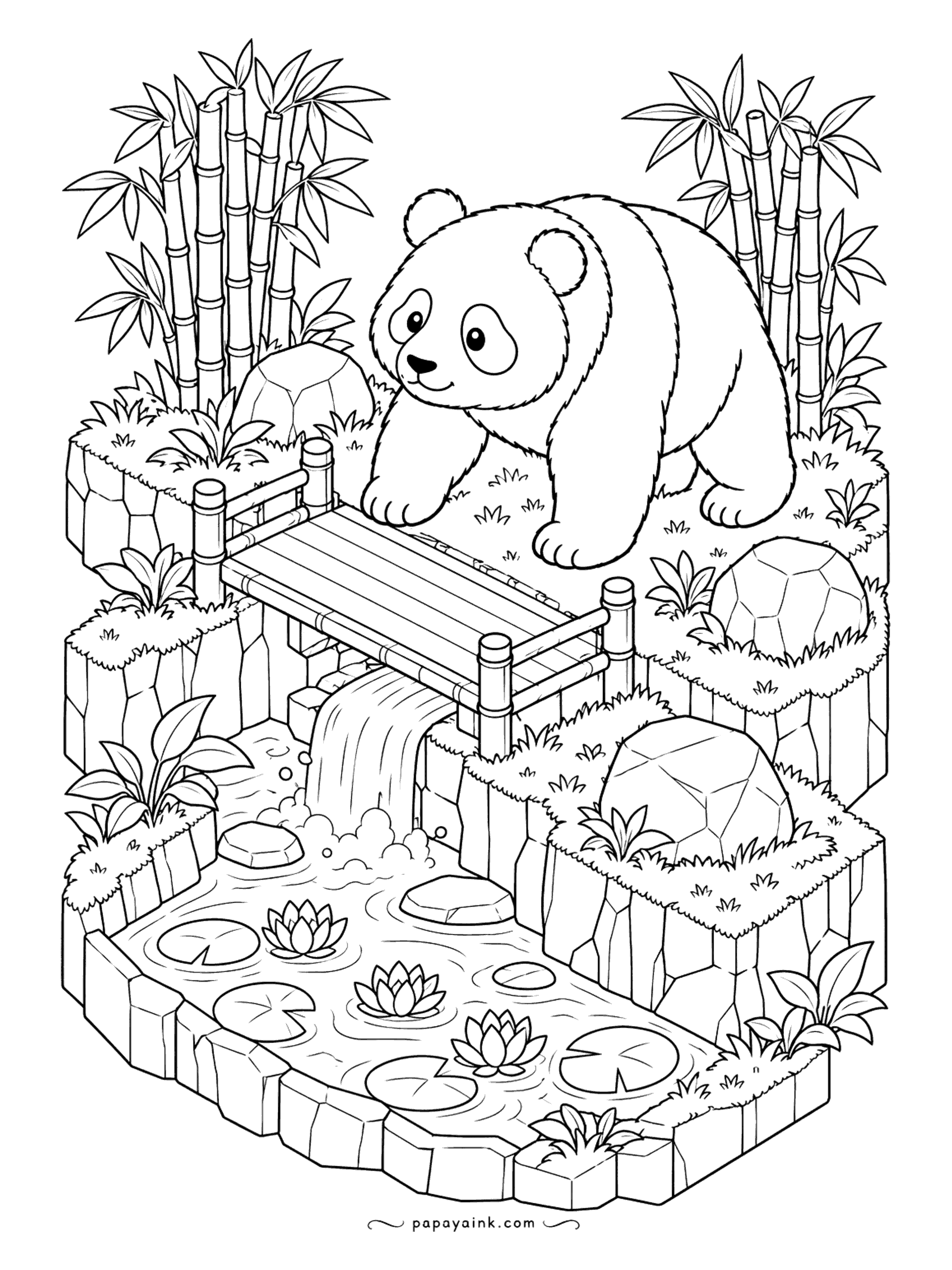 Panda Coloring Pages - Bamboo bridge, waterfall, lotus pond and a panda peering over the edge, all drawn in isometric view like a tiny game map. Detailed, and worth the time.