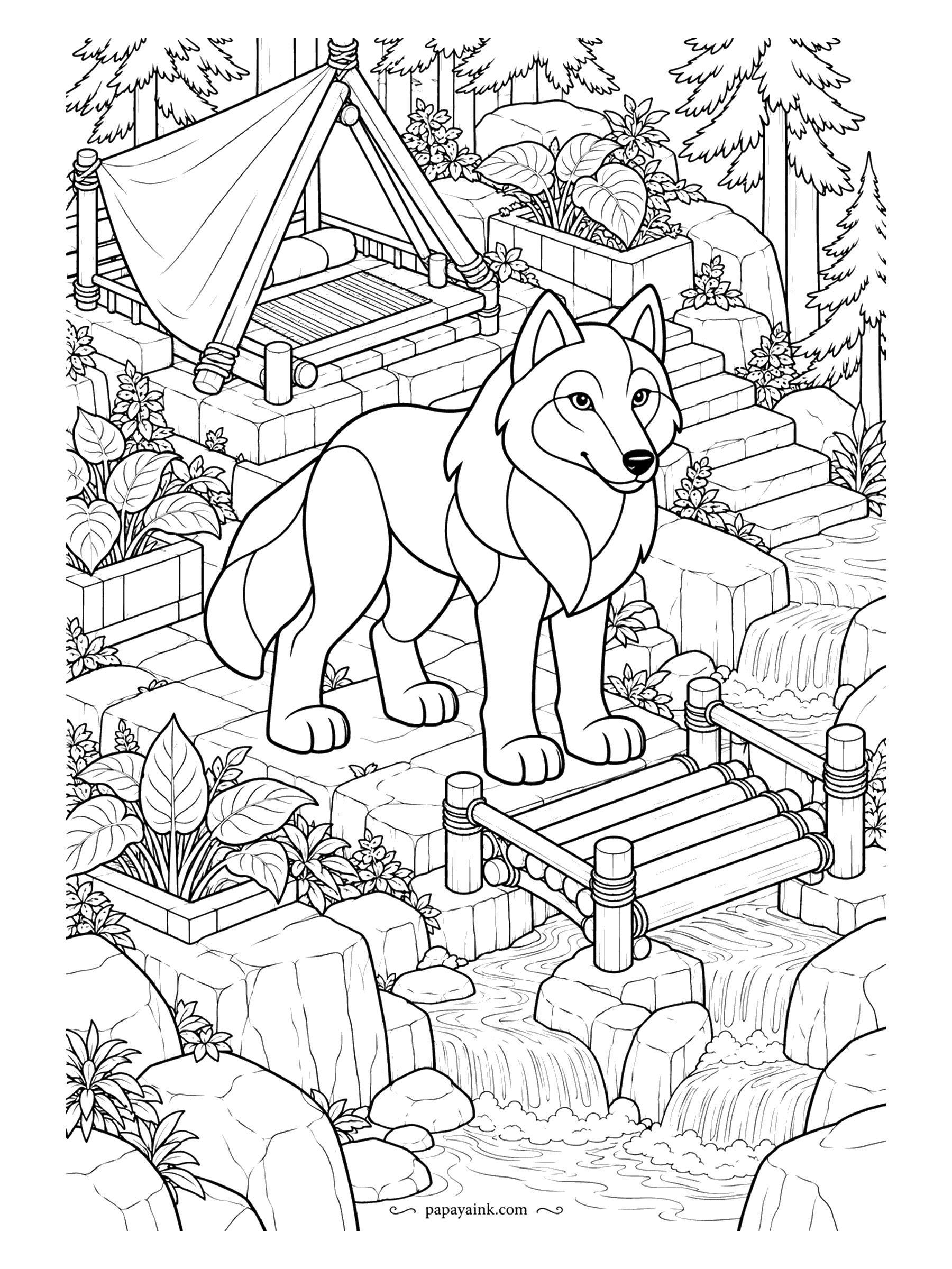 Wolf Coloring Pages - Isometric forest campsite: a wolf on stone steps between a canvas tent and a log bridge over a waterfall. Everything sits on the same diagonal grid, so color the blocks like tiles.