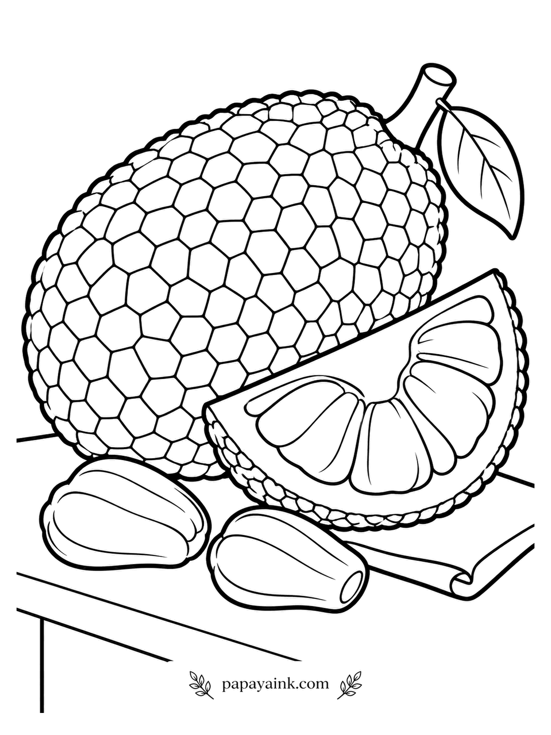 Fruit Coloring Pages - The biggest fruit that grows on a tree, a jackfruit can outweigh a packed suitcase, and unripe ones are cooked as a meat substitute. One wedge is cut to show the golden bulbs, and two of them have rolled onto the cloth. Detailed - hundreds of small hexagons on the rind.