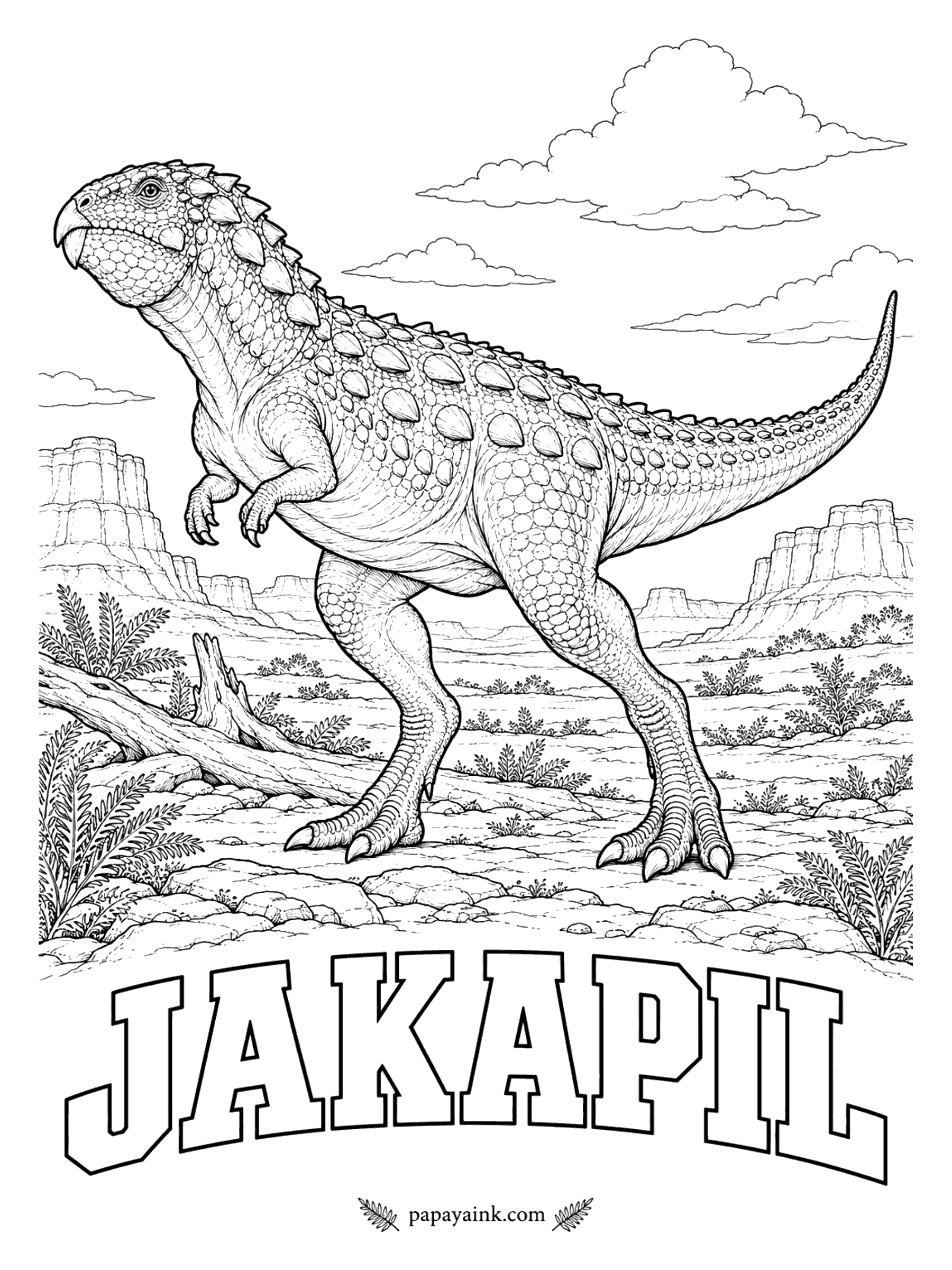 Free Printable Dinosaur Coloring Pages - Unlike anything expected when it was named in 2022: a small armored dinosaur that probably walked on two legs. Jakapil (JAK-ah-peel, shield bearer in a native language of Patagonia) had rows of bony studs on its neck and back and a short, deep jaw for tough plants. Under 5 feet long. Argentina, roughly 100 million years ago.