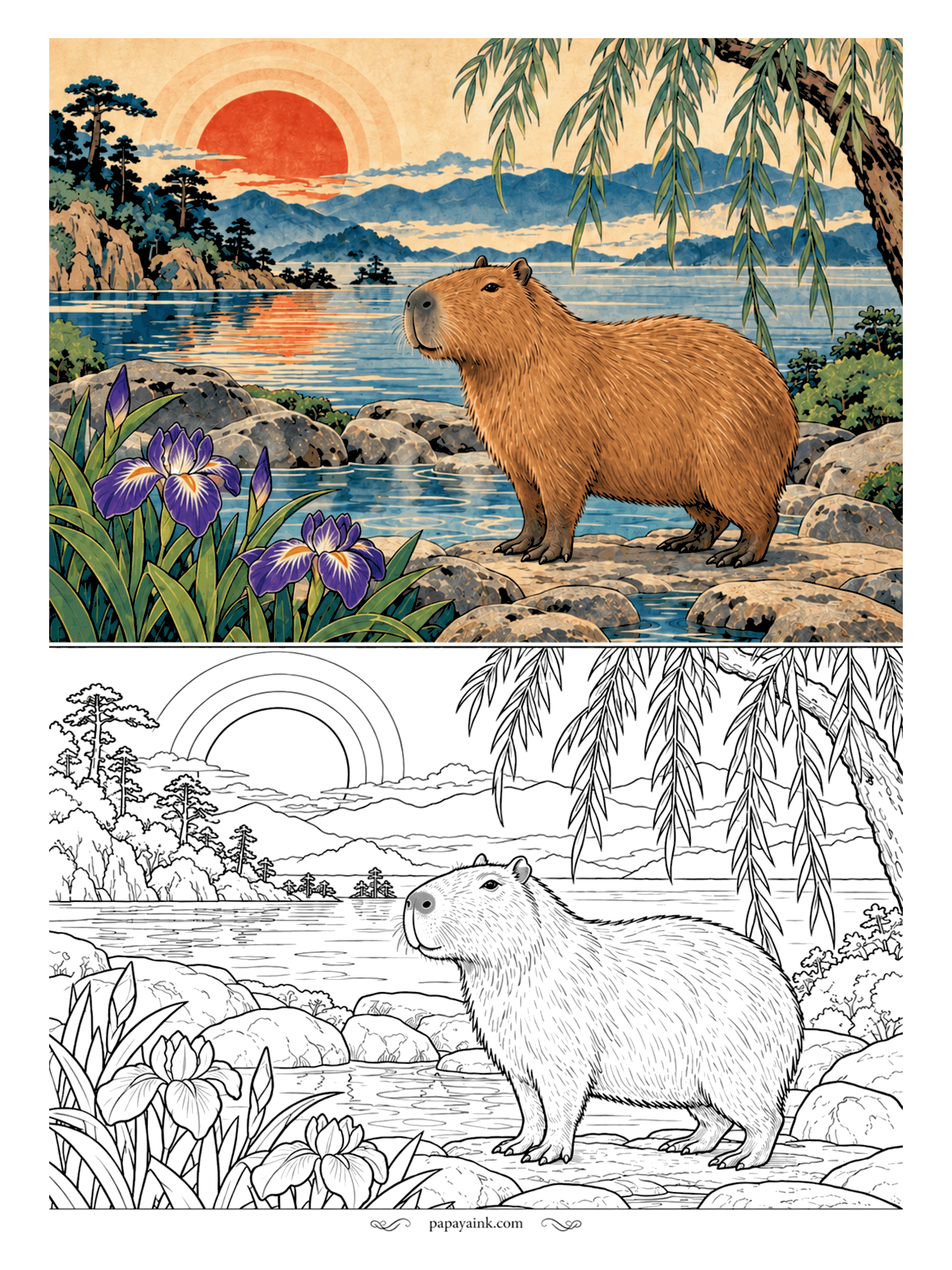 Capybara Coloring Pages - Hot baths with floating yuzu fruit made capybaras stars in Japanese zoos. Ours prefers a cool lake, standing on the shore rocks among purple irises. Warm caramel brown, darker down the back.