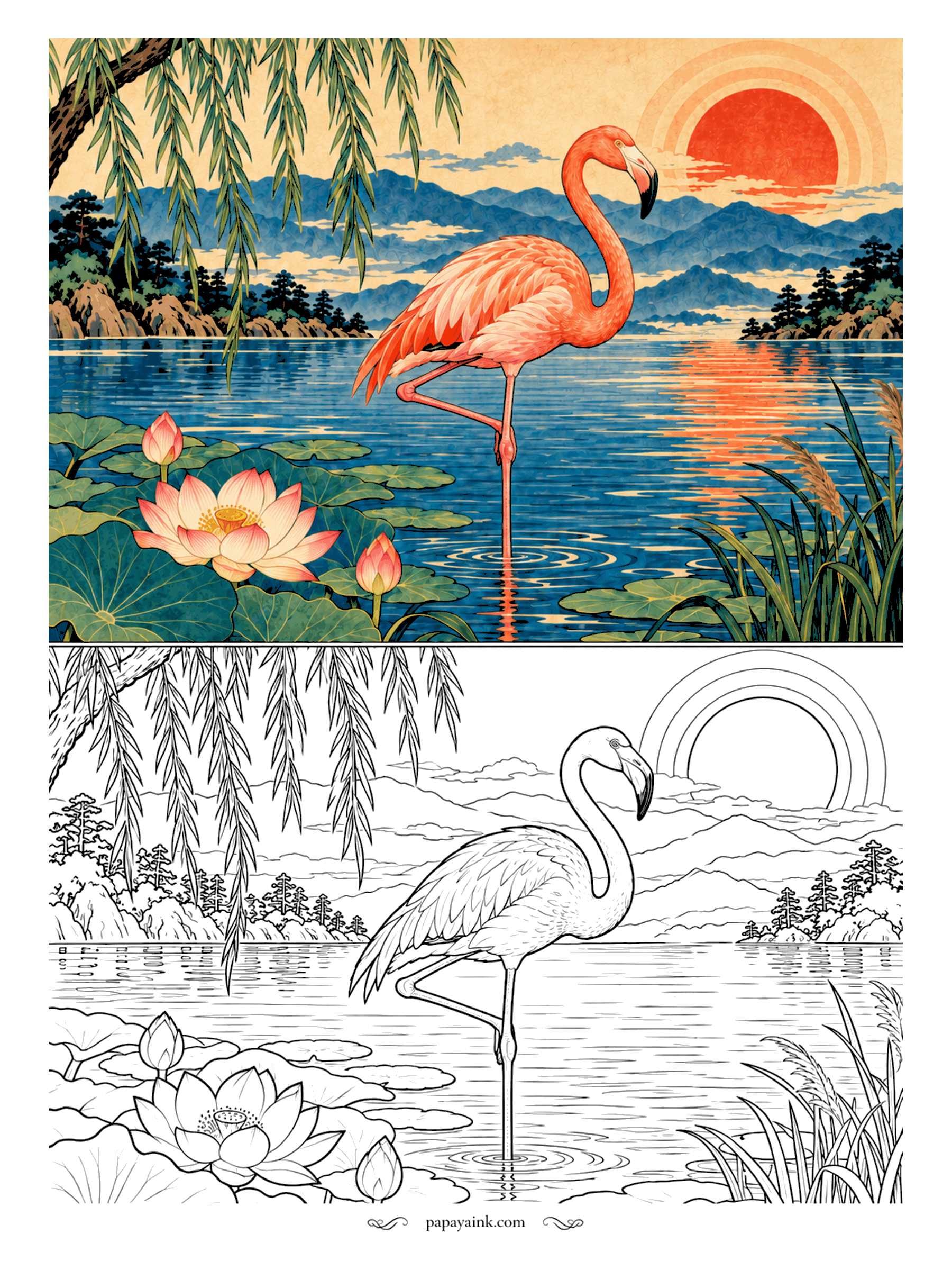 Flamingo Coloring Pages - Nobody told the flamingo that her kind does not live in Japan. She wades on one leg among the lotus leaves, a willow trailing over the water. Coral pink for the neck and wings, black on the bill tip.