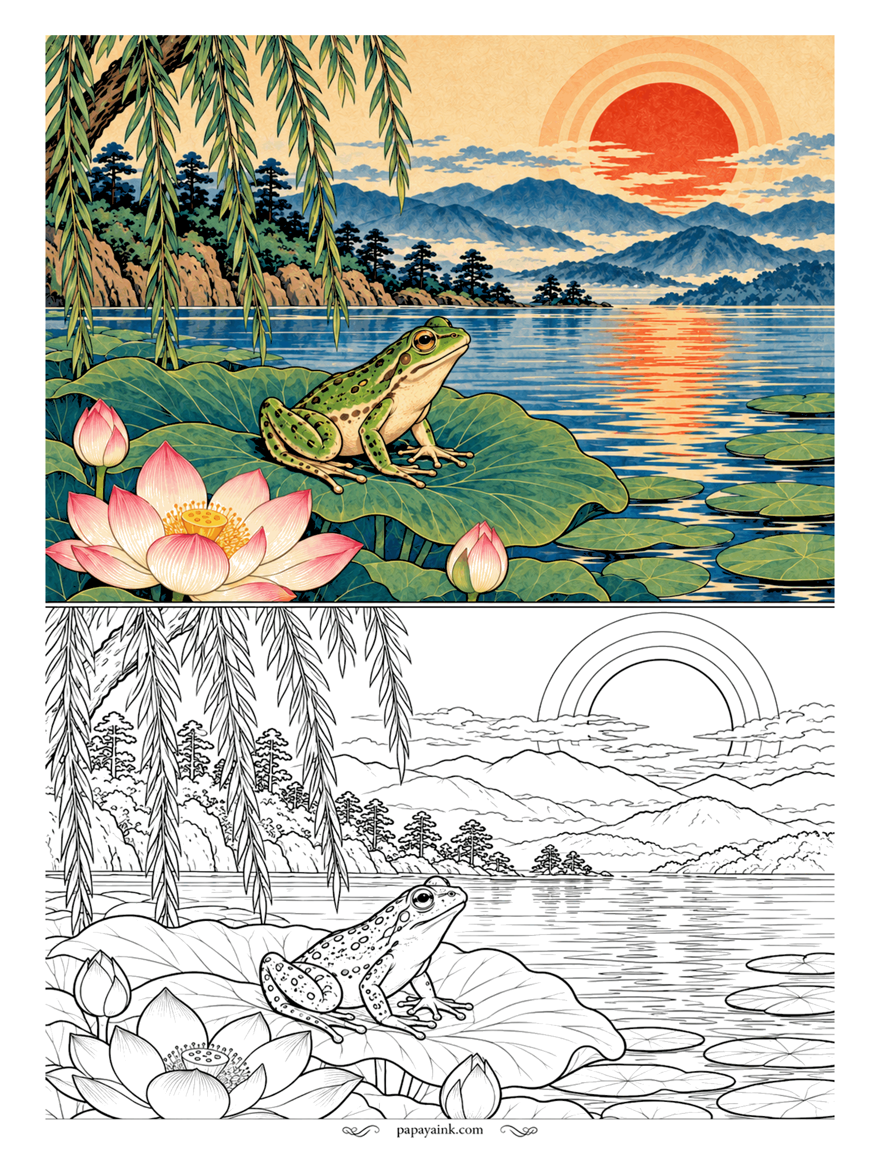 Frog Coloring Pages - Under a weeping willow, a green frog perches on a lotus leaf as if he owns the whole pond. Pink blossoms rise beside him and the sunset glows across the lake. Bright leaf green with darker olive spots.