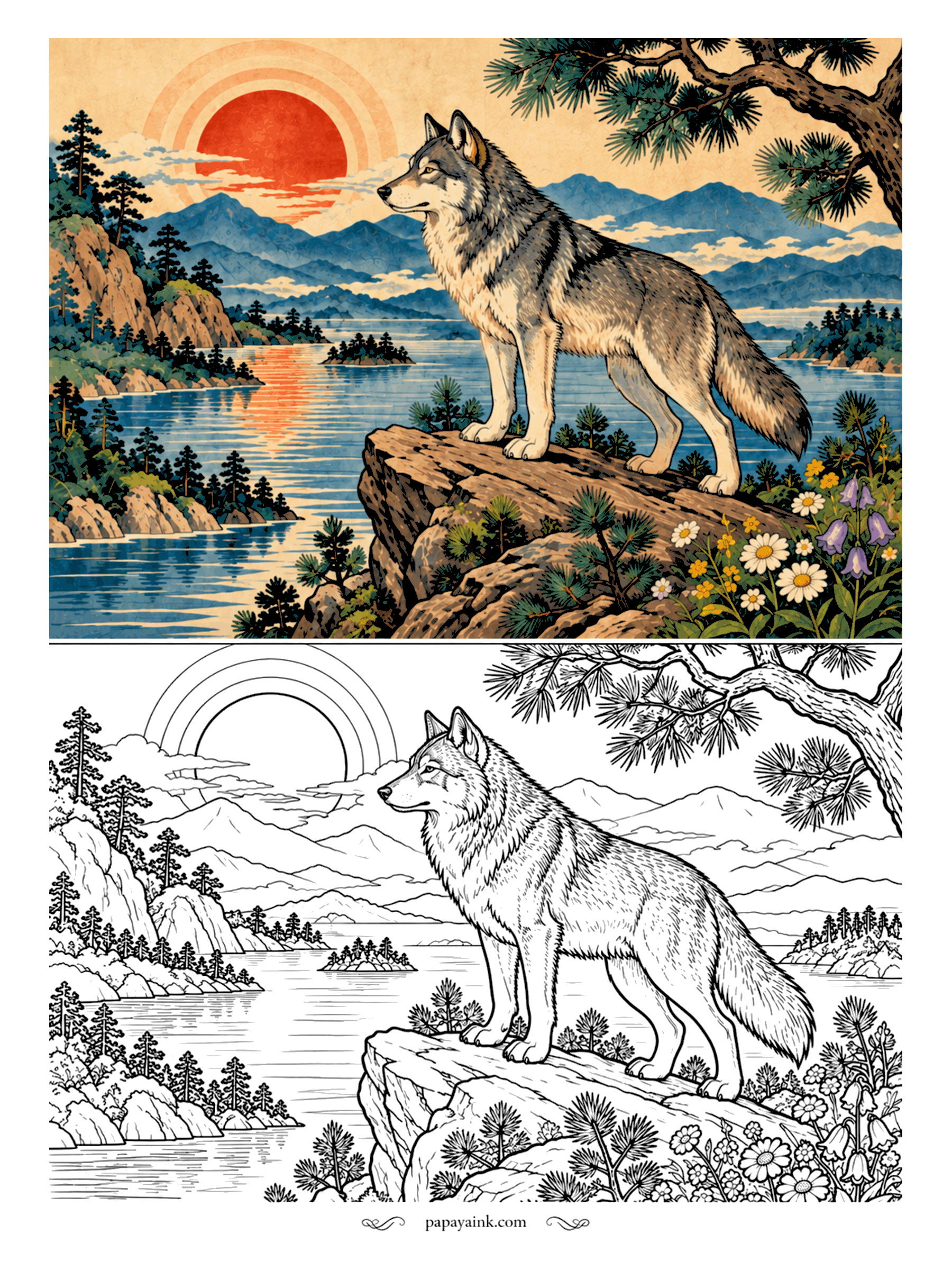 Wolf Coloring Pages - From a cliff above the bay, the gray wolf studies the islands below, ears up, tail low. Pine boughs hang overhead and daisies and bellflowers grow from the rock. Layer gray, cream and a little tan in the fur. Detailed.