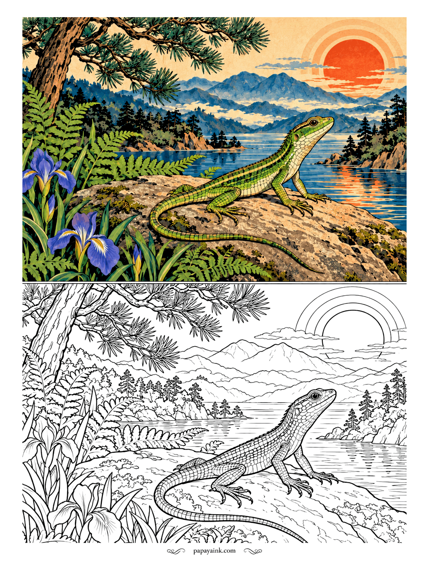 Lizard Coloring Pages - Sunning on a warm rock between ferns and irises, the green lizard has one eye on the lake and one on any passing beetle. Bright green with a fine dark net of scales. Detailed.