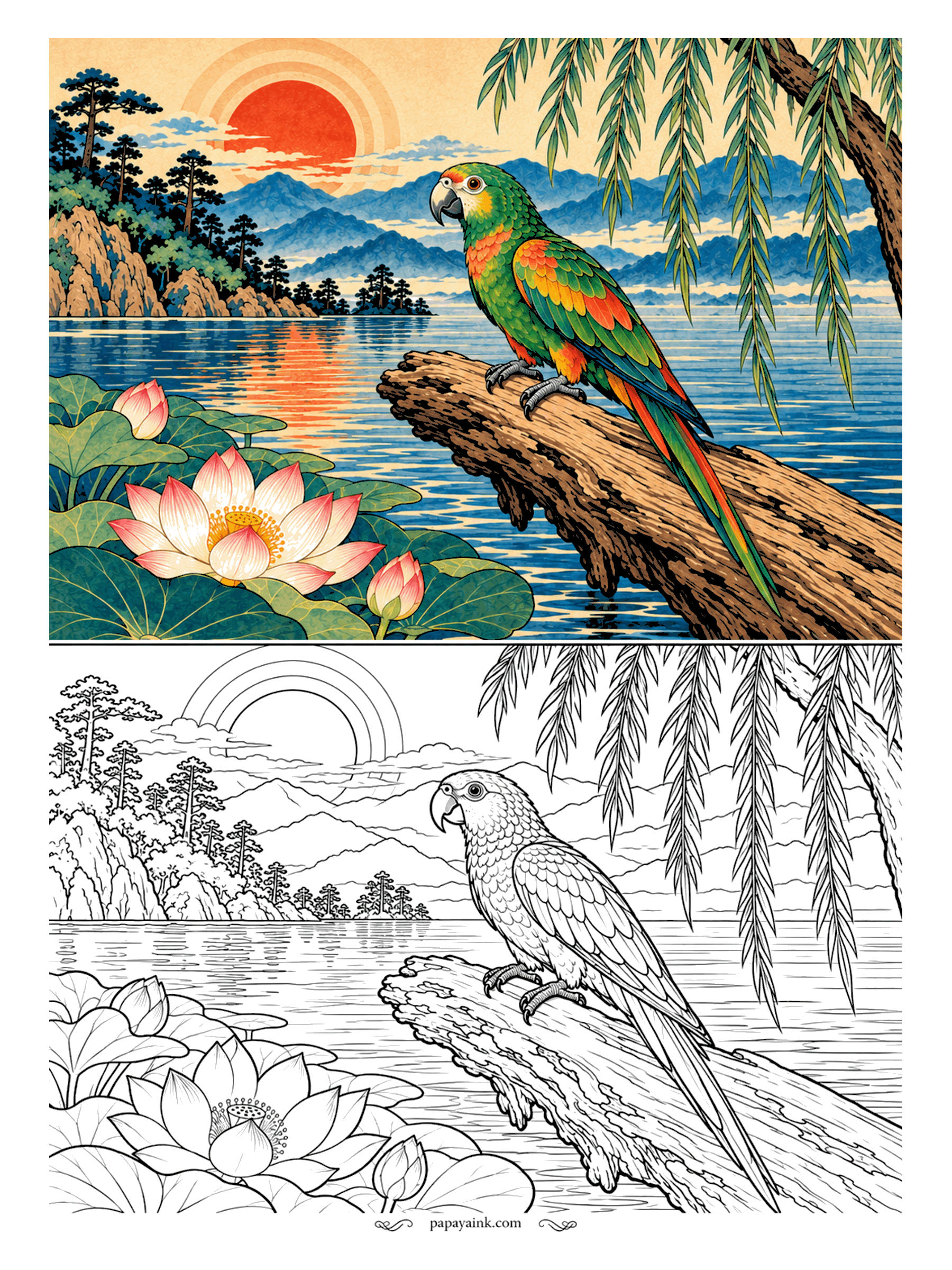 Parrot Coloring Pages - A green parrot on a driftwood branch, a lotus pond below, willow leaves hanging overhead: the whole scene could come from a scroll painting. Emerald back, orange on the chest and wing edges.