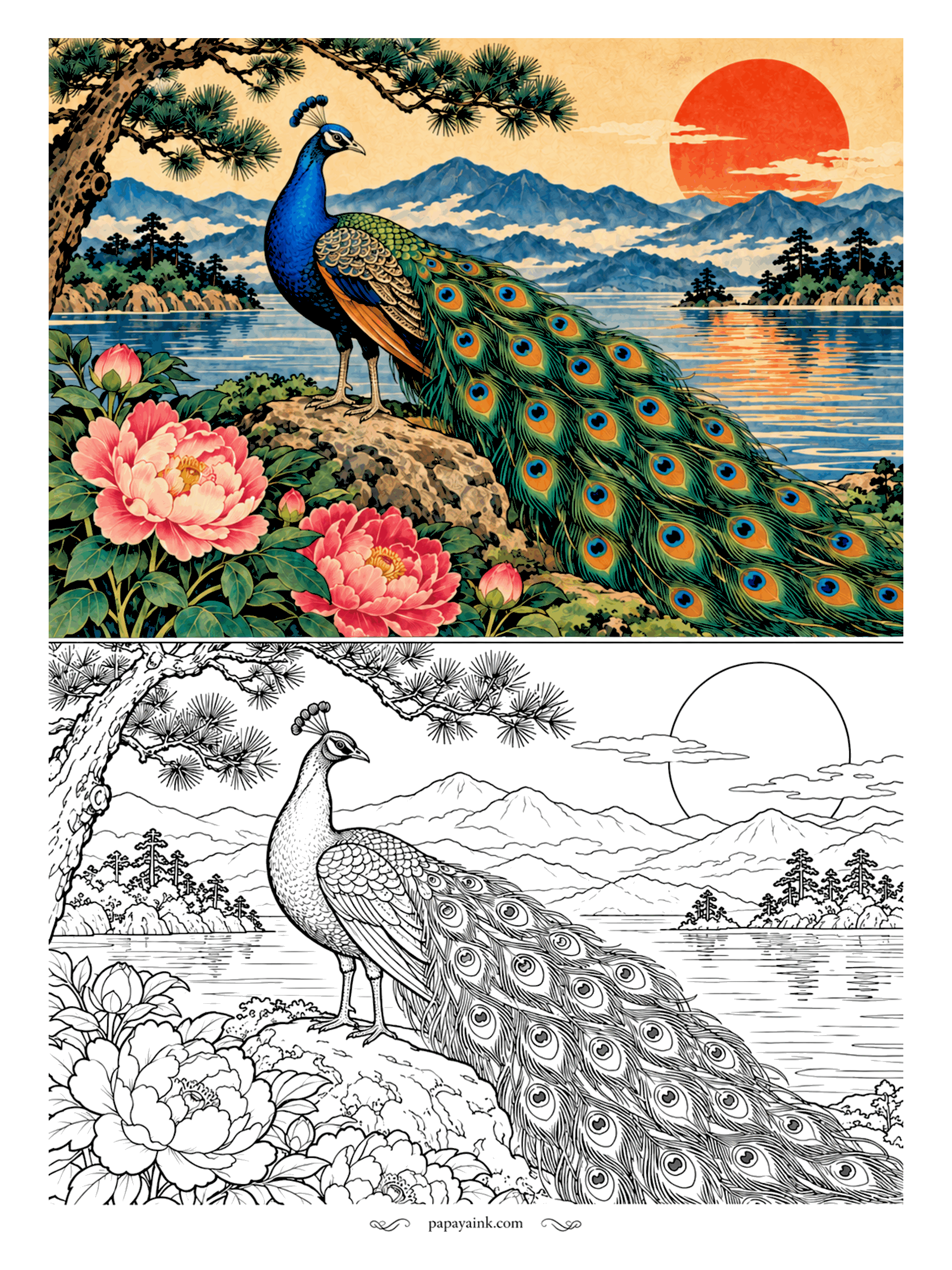 Peacock Coloring Pages - Peacock and peony is one of the oldest pairings in Japanese painting, and here it is again on a lakeside rock. The tail spills down over the stone, every eye spot outlined. Teal, emerald and a deep royal blue. Detailed.