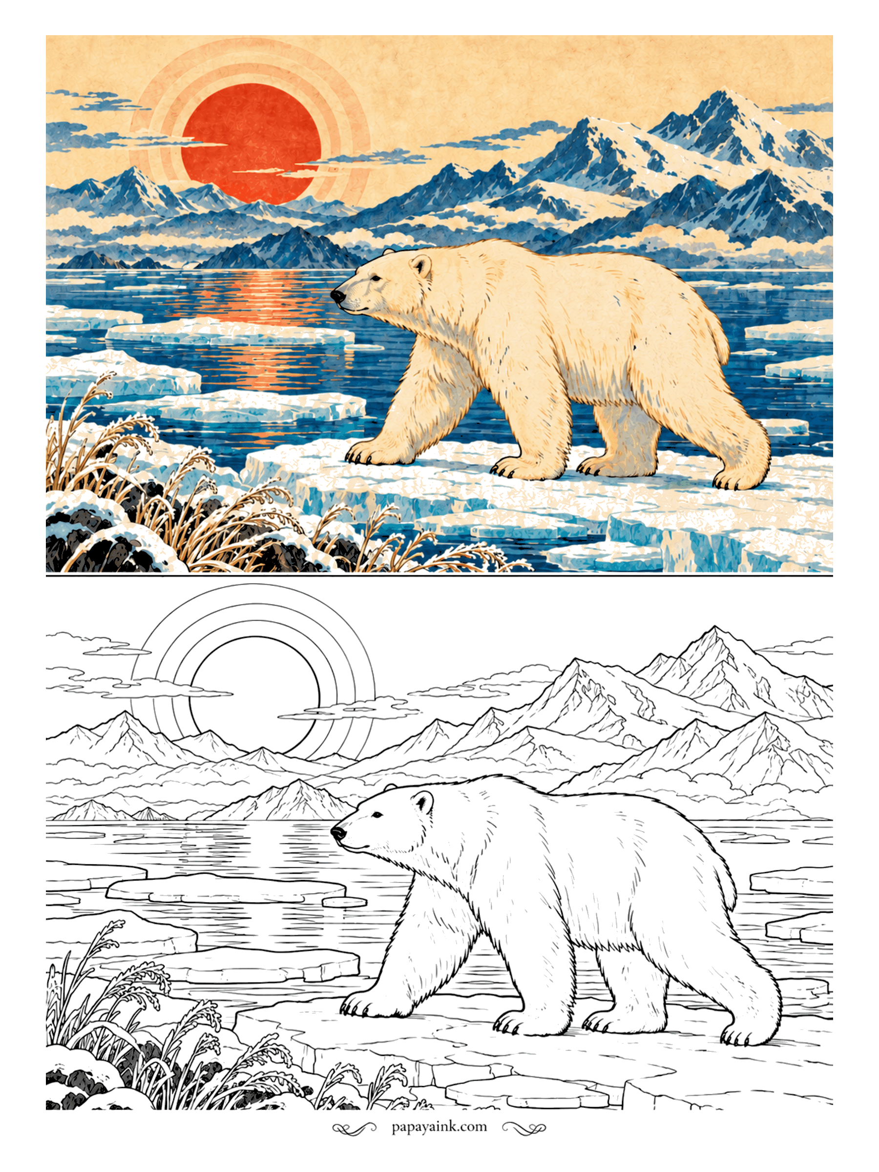 Polar Bear Coloring Pages - Snowy peaks, drifting ice and a red sun above it all: the polar bear walks it like a stage. Frosted grass bends along the shore. Cream and pale blue-gray for the fur rather than plain white.