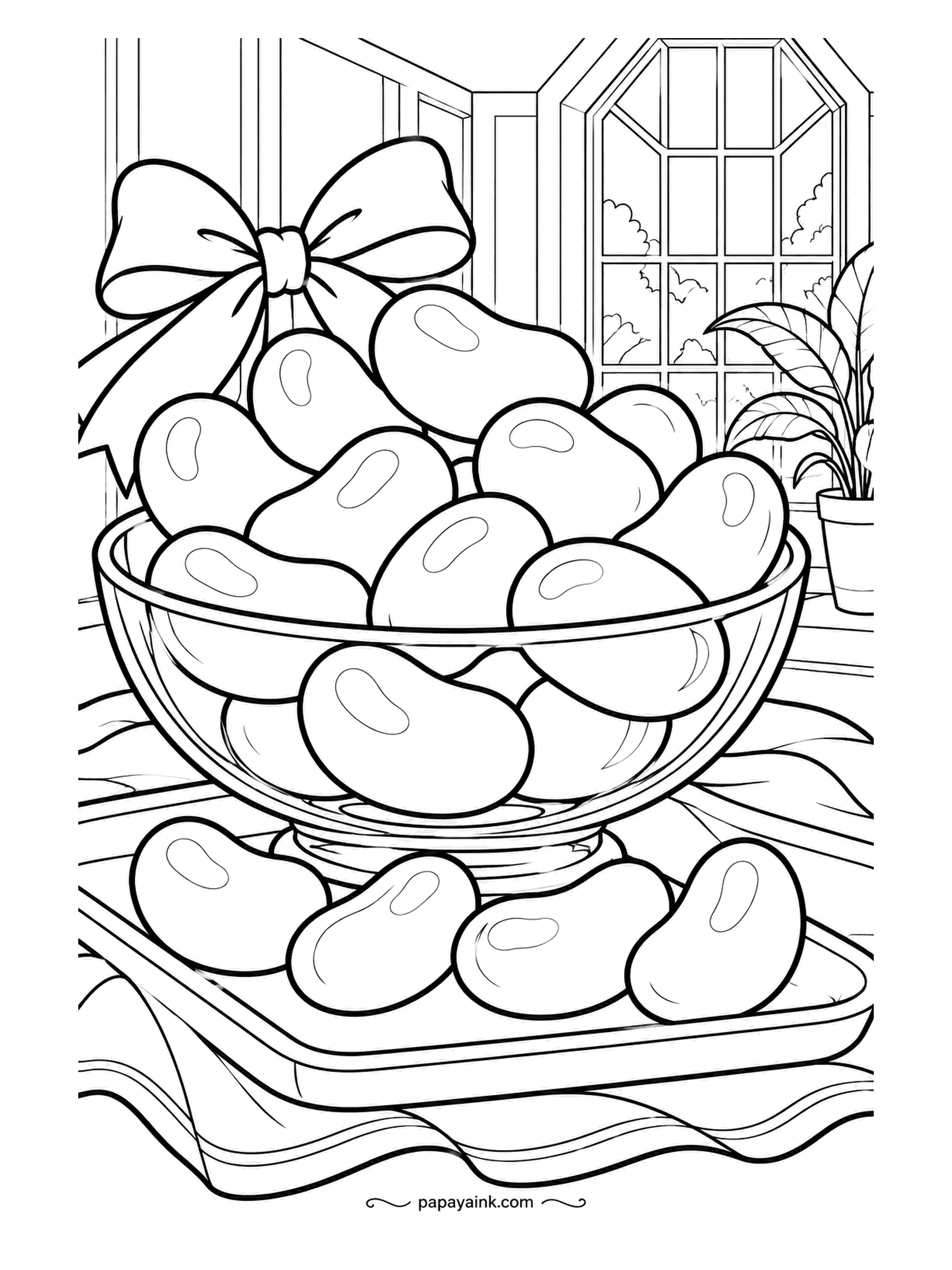 Candy Coloring Pages - Jelly beans fill a round glass bowl tied with a bow, set on a tray in the sunroom with a potted plant at its side. A handful lie beside it, voted out. Every bean its own flavor, none of them matching.