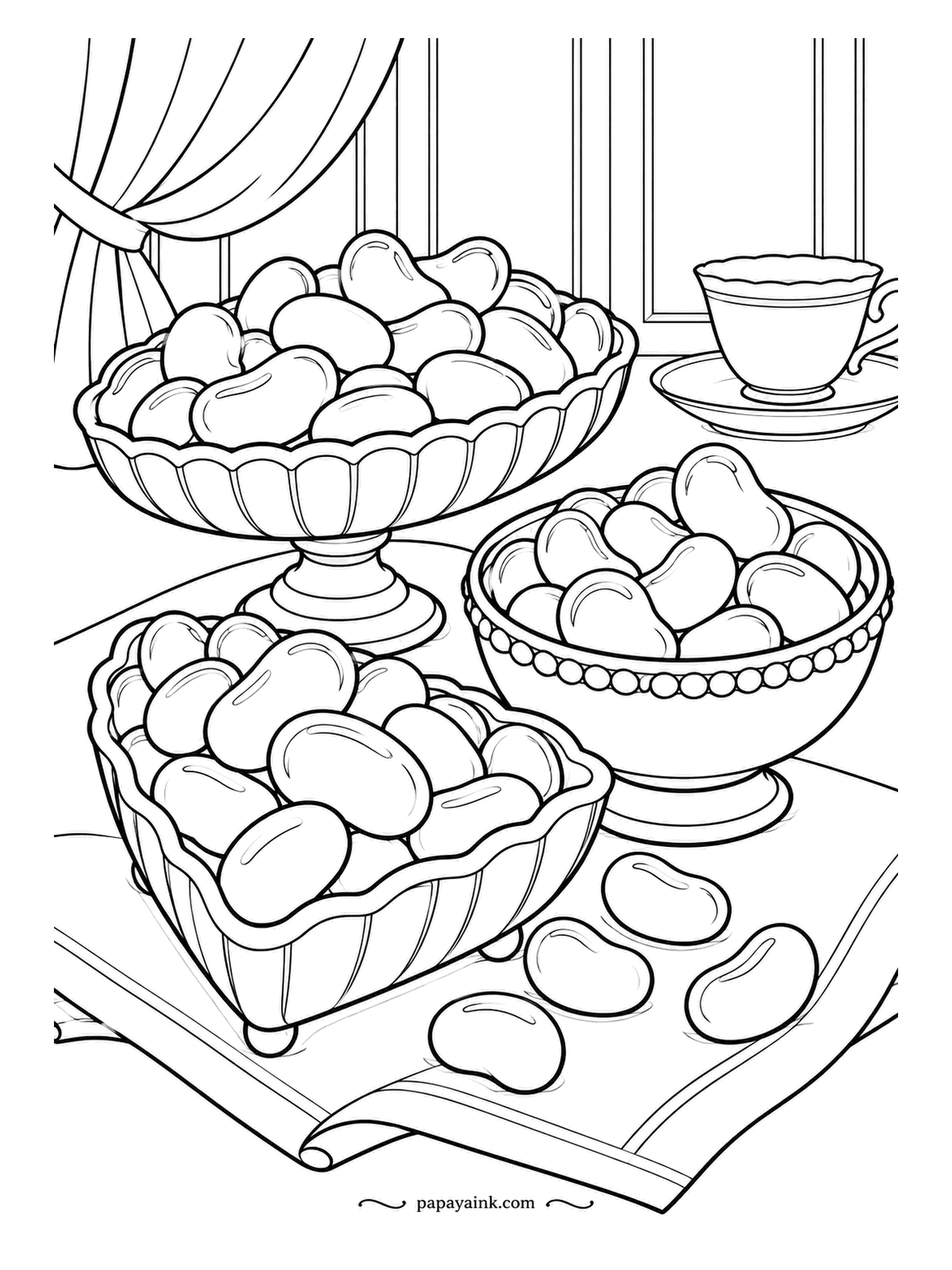 Candy Coloring Pages - Jellybeans served three ways at high tea: a footed glass dish, a beaded bowl and a low fluted dish, with a cup and saucer beside them. Some beans have ended up on the cloth. Each bean its own color, as always.