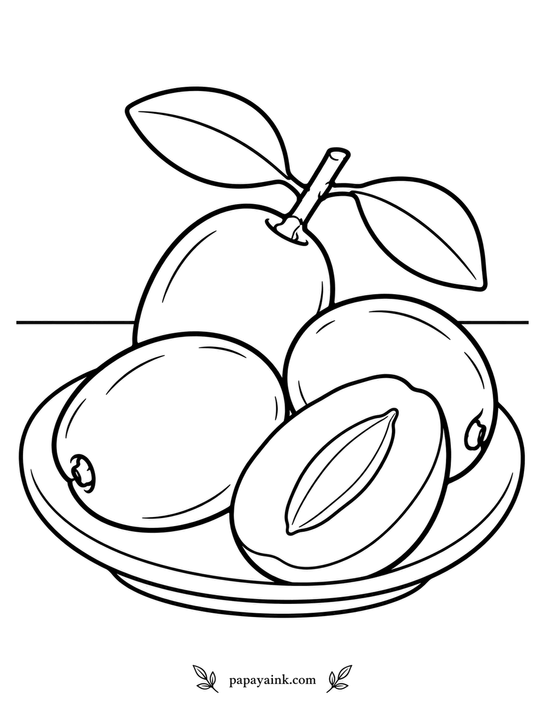 Fruit Coloring Pages - Fresh off the tree a jujube crunches like a small apple; dried, it turns chewy and sweet, and that is how it ends up sold as Chinese date. On the plate, the halved fruit shows its single pointed stone. Mix apple green with mahogany red, the way they look while ripening.