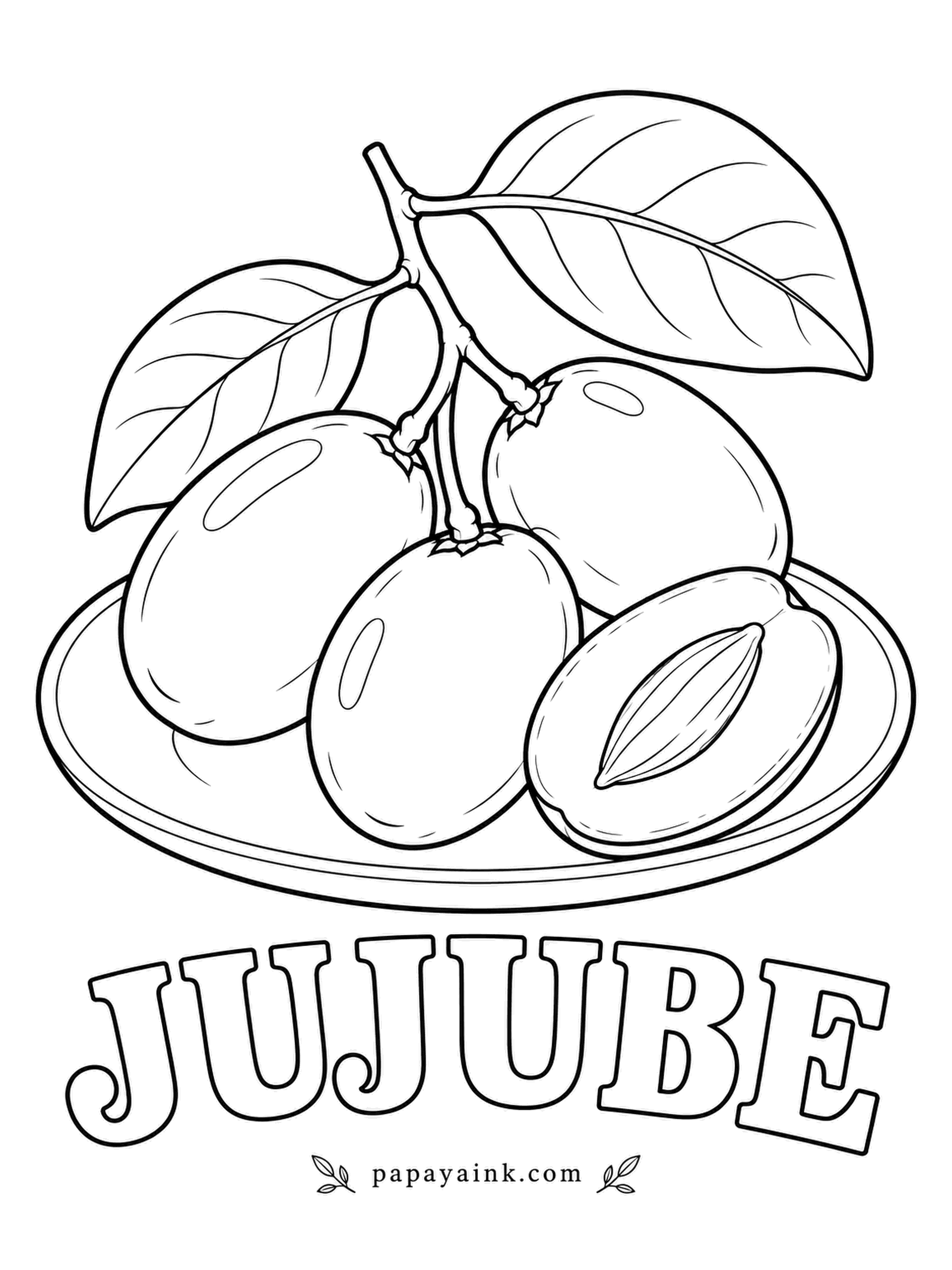 Printable Fruit Coloring Pages - Red date is the other name, because a jujube left to dry wrinkles and turns sweet like one. Fresh ones are crisp, apple-green turning mahogany red in patches; color a few half and half to show them ripening.