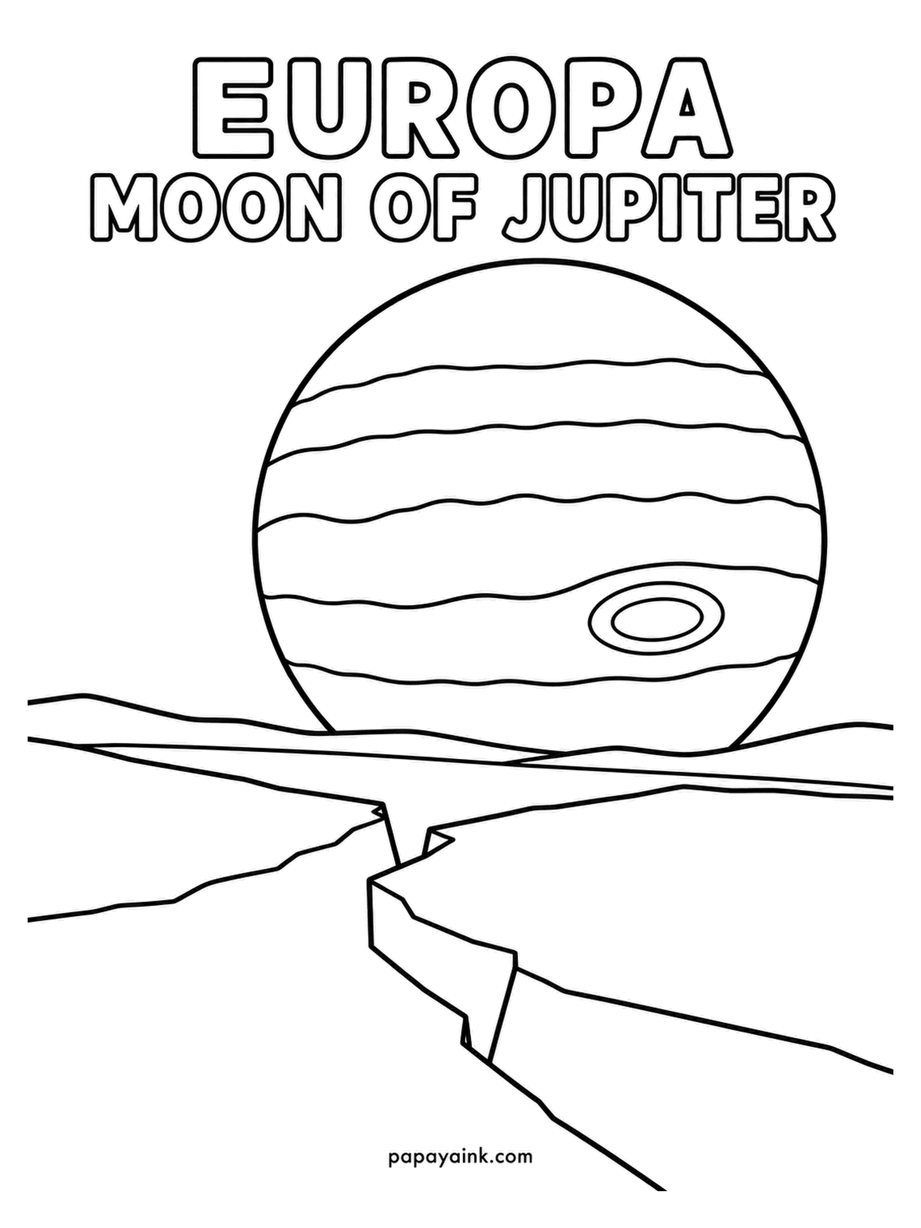 Planet Coloring Pages - Europa, moon of Jupiter: a cracked ice plain in the foreground with a crevasse splitting it, and the striped giant filling the sky behind. Bands of cream and rust on Jupiter, a cold silver for the ice.