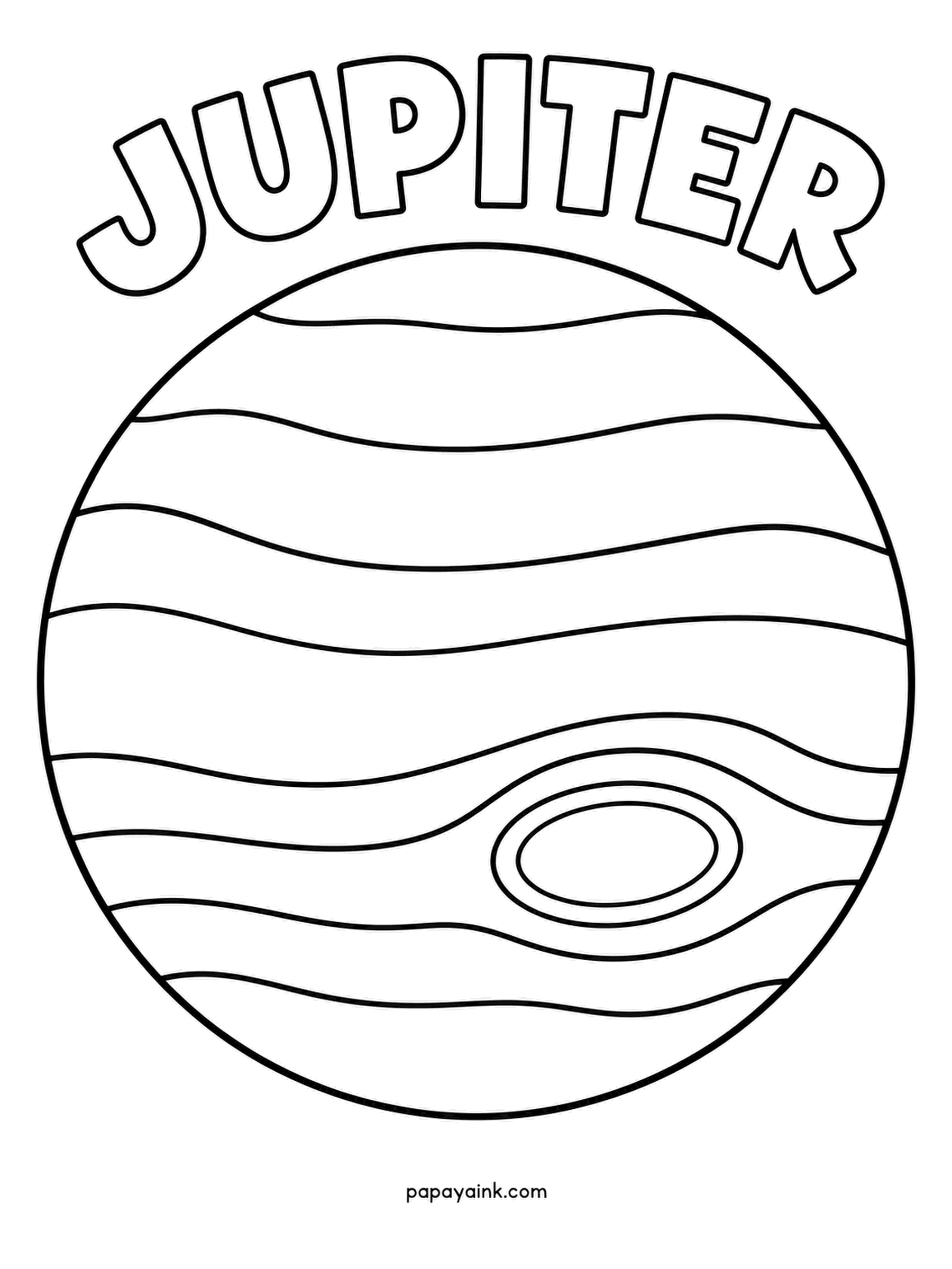 Planet Coloring Pages - Jupiter fills the page with its cloud bands and the Great Red Spot, a storm wider than Earth that has been raging for centuries. Alternate the stripes between cream and brick red, and give the spot a deep rusty orange.