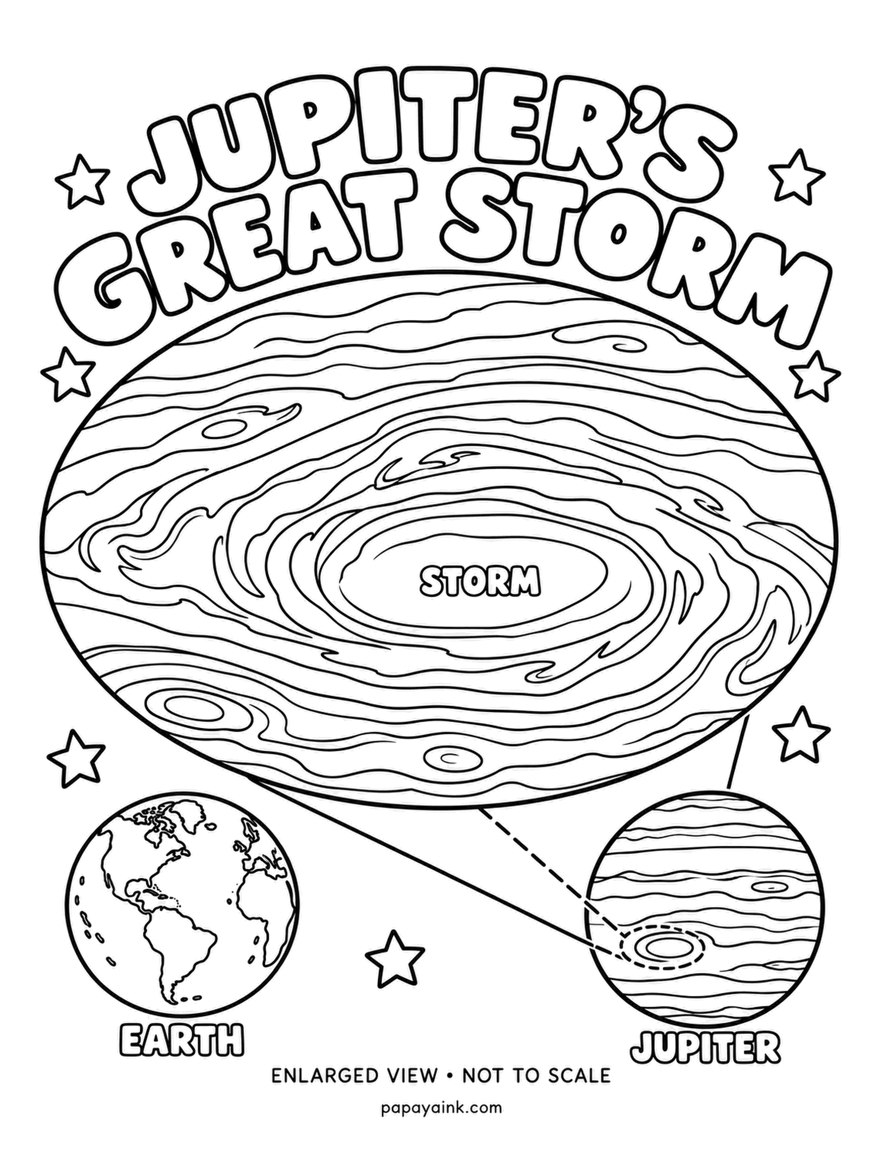 Earth Coloring Pages - Jupiter's Great Red Spot enlarged until it fills the page: a storm wider than Earth that has been spinning for centuries, circled by bands of swirling cloud. The small Jupiter shows where it sits. Rust red in the eye, fading to peach and cream outward.