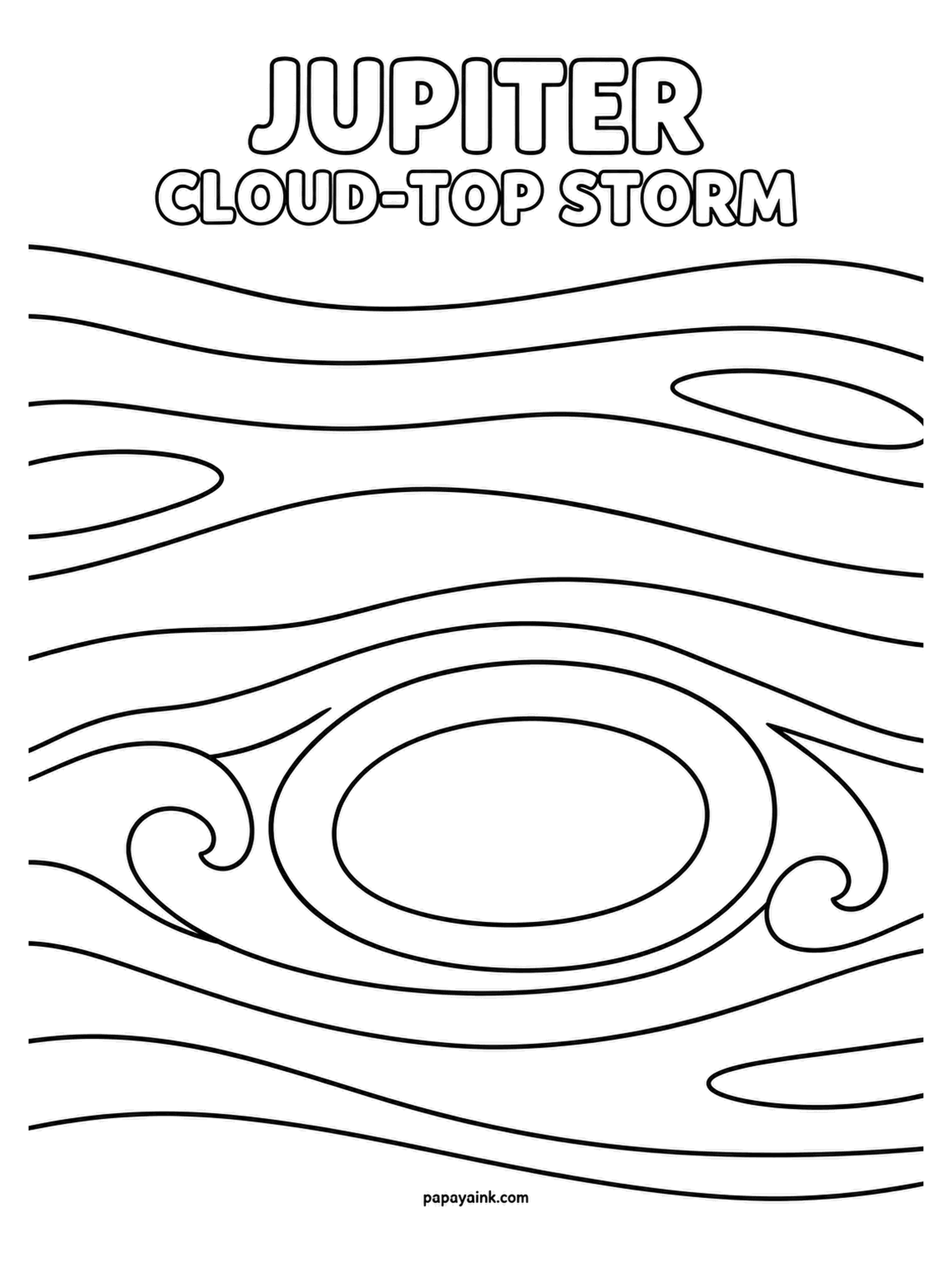 Planet Coloring Pages - Jupiter's cloud-top storm in extreme close-up, the oval swirling inside curling cloud bands with no planet edge in sight. This one is pure pattern: pick three or four warm shades and alternate them band by band.