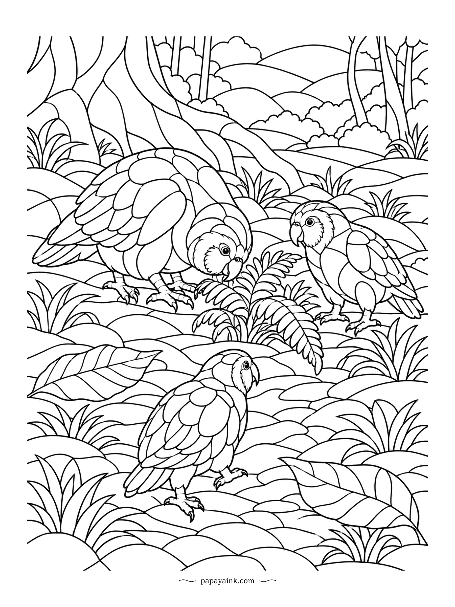Parrot Coloring Pages - Kakapo are flightless, nocturnal parrots from New Zealand and the heaviest of any species. This family is munching fern fronds on the forest floor. Stained-glass leaves and hills fill the background.