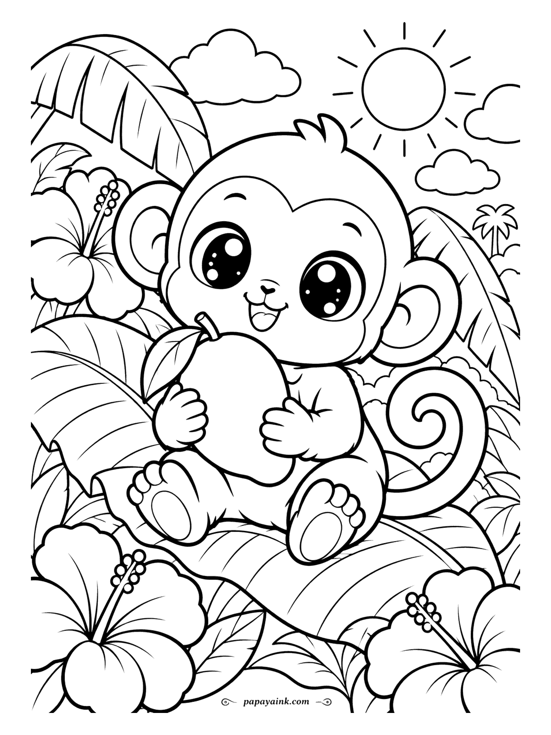 Monkey Coloring Pages - Someone has found a mango bigger than their own head and is not sharing. The baby sits on a banana leaf under a cartoon sun, hibiscus on every side. Big round shapes and thick lines - an easy start for a young colorer.