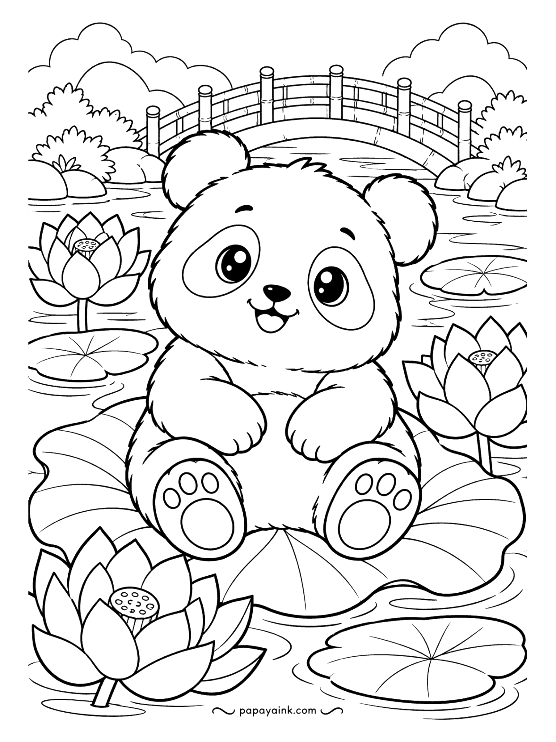 Panda Coloring Pages - Big head, tiny body, paw pads up: the kawaii recipe, sitting on a lotus leaf in a pond with an arched footbridge behind. Wide open shapes make this a good first page for small hands.