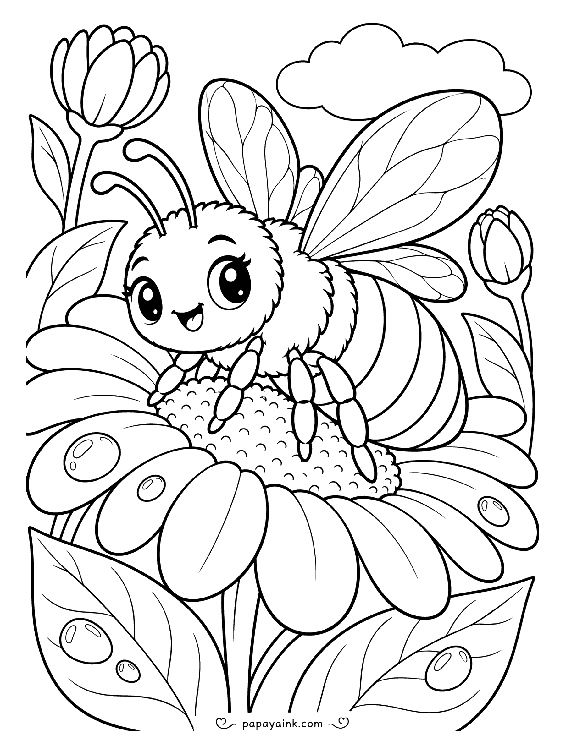 Bee Coloring Pages - Big eyes, tiny smile, and a daisy that doubles as an armchair. This kawaii bee has settled onto the center of the flower with dewdrops rolling off the petals below. Large open shapes, so it works well as a first page.