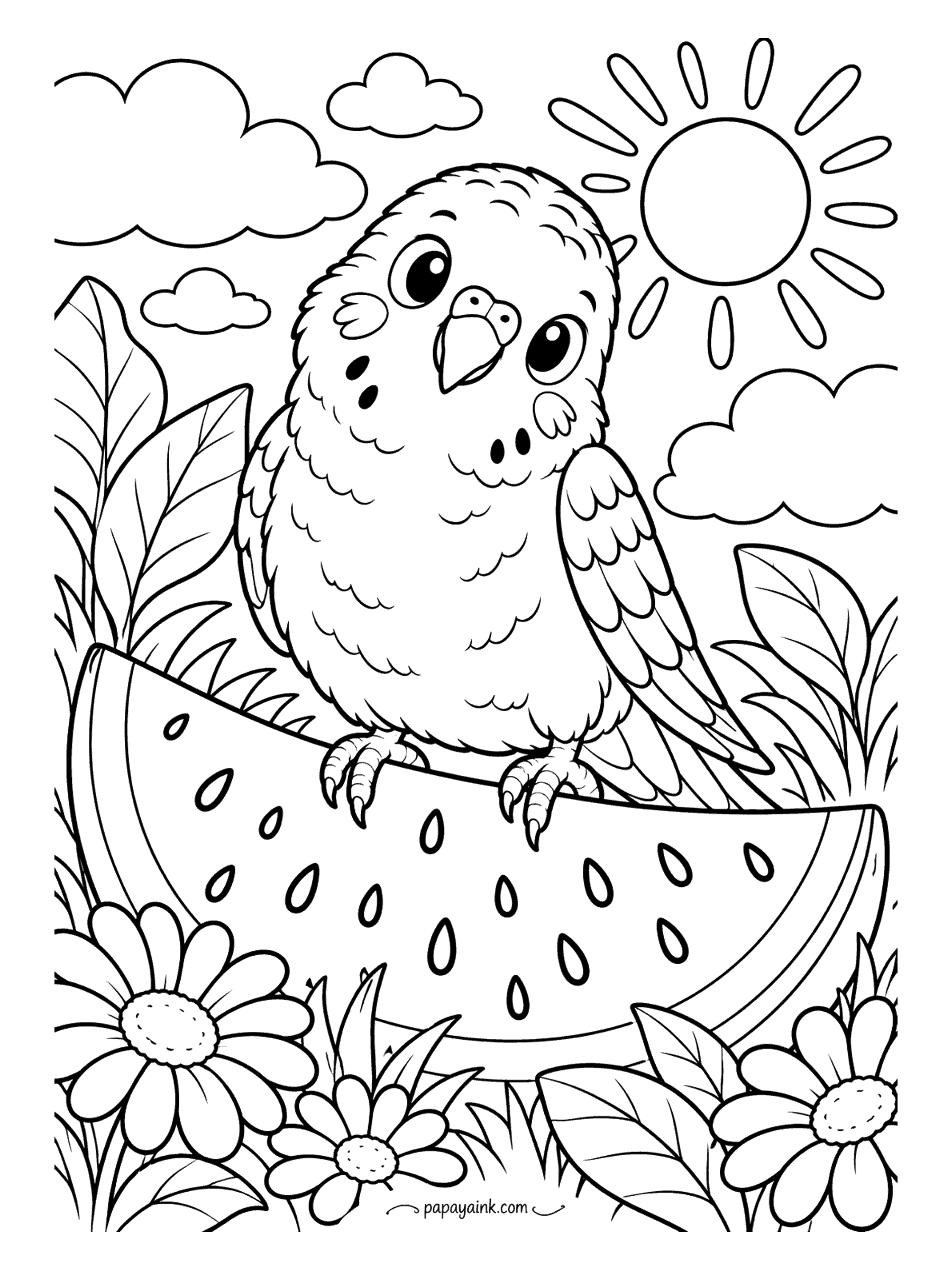 Parrot Coloring Pages - Budgie, watermelon, sunshine. The round little parakeet has claimed a whole slice and the daisies have no say in it. Big open shapes and a simple sky - a relaxed page, good for younger colorists too.