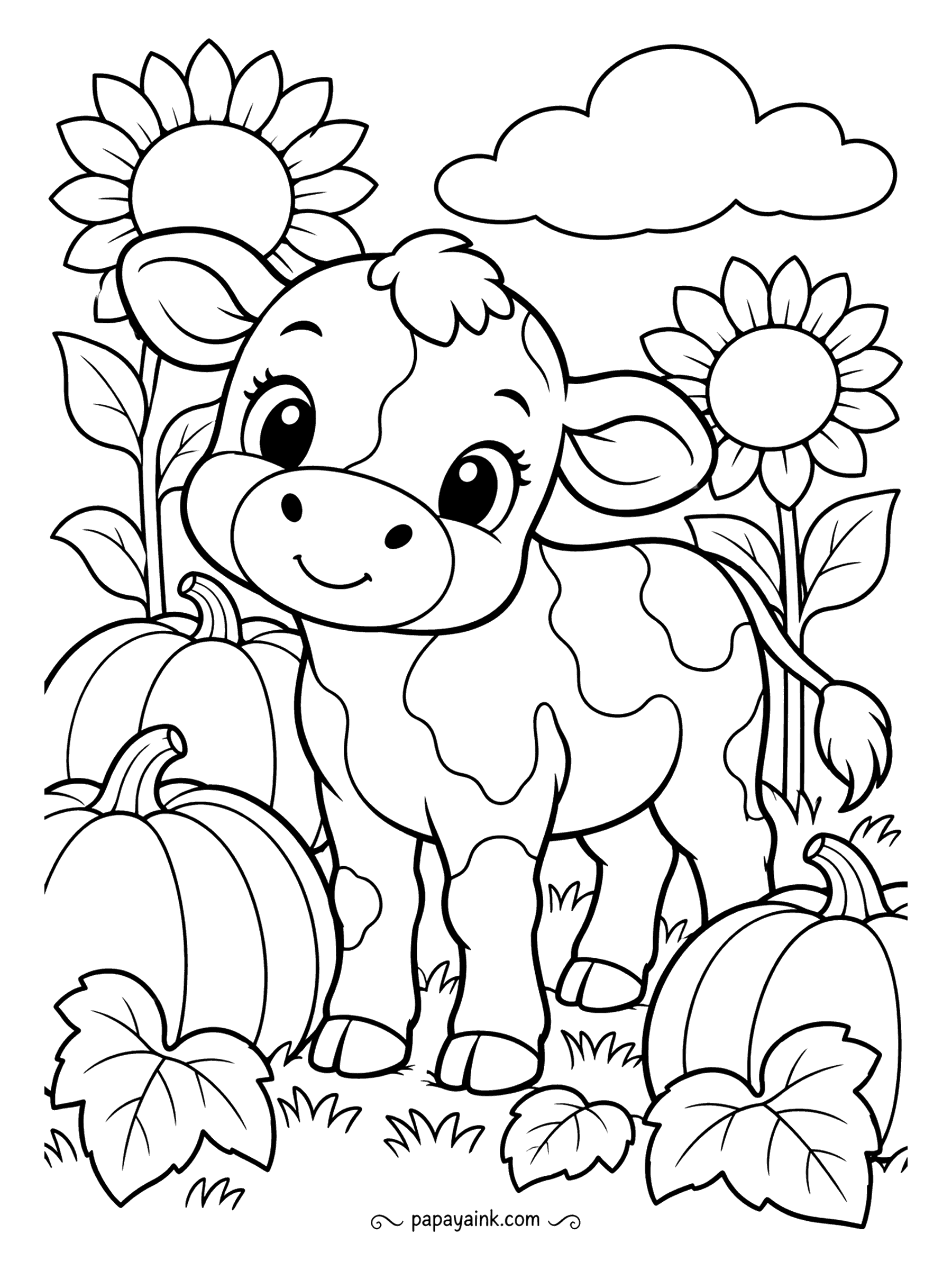 Cow Coloring Pages - Big eyes, a tuft of hair and a pumpkin patch to stand in. The calf is drawn in the kawaii manner, with thick outlines and large open shapes, which makes it the easiest sheet here. Markers will do fine.