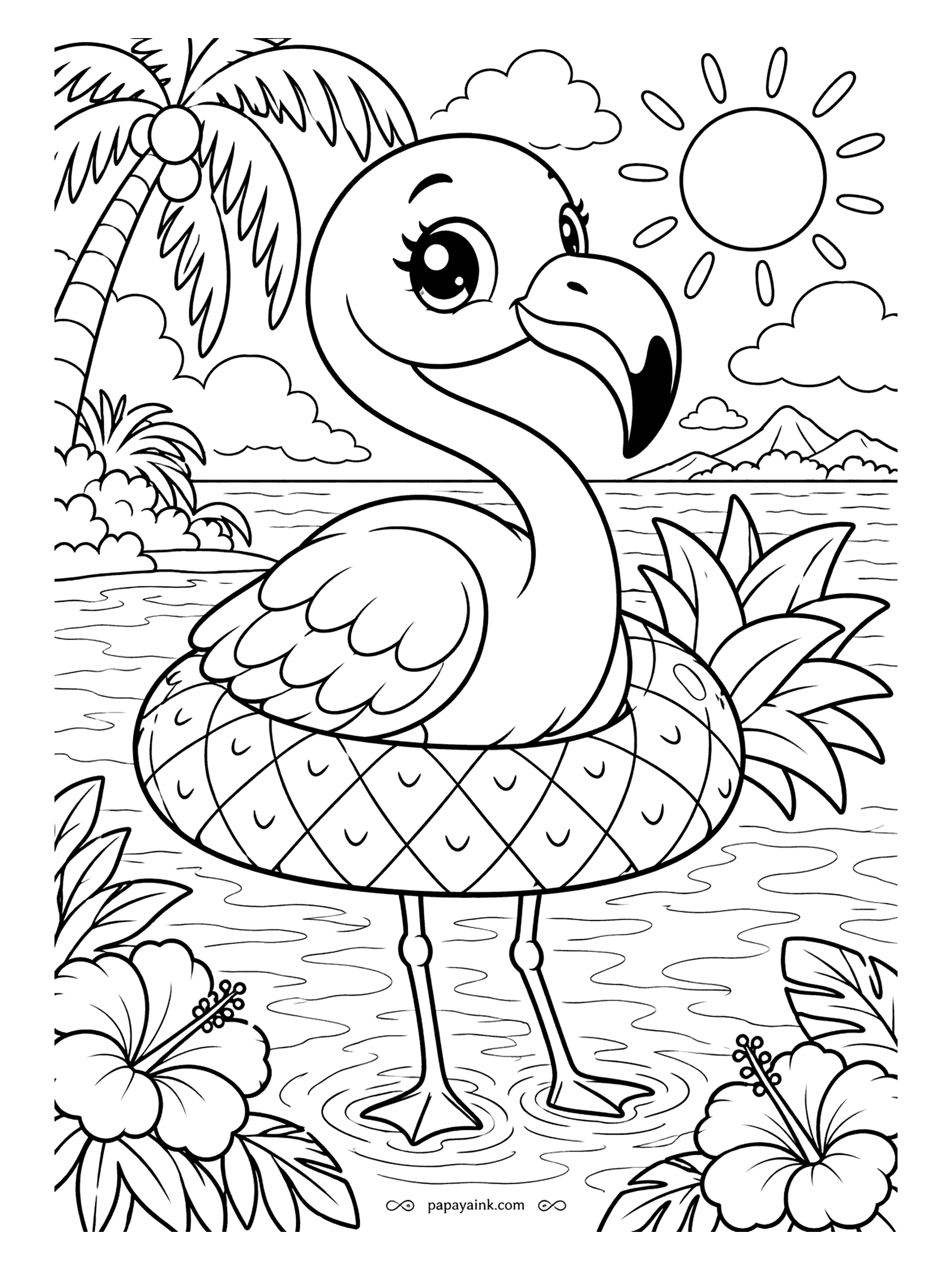 Flamingo Coloring Pages - Round-headed, with a lash-fringed eye and a grin, this baby flamingo is bobbing in a pineapple swim ring under a cartoon sun. Big open areas and almost no fine detail, so it works with crayons and small hands.