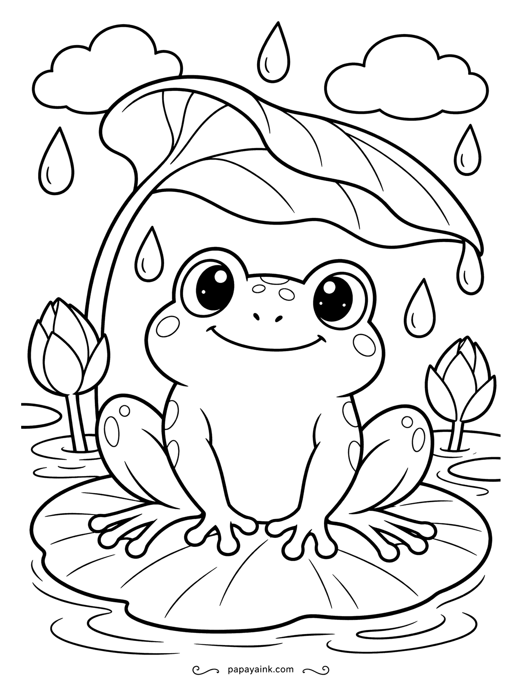 Frog Coloring Pages - Rain again, and the smallest frog in the pond has found the biggest leaf. Lotus buds stand guard on either side. Big open shapes and a smiling face - the easy page to hand to a beginner.
