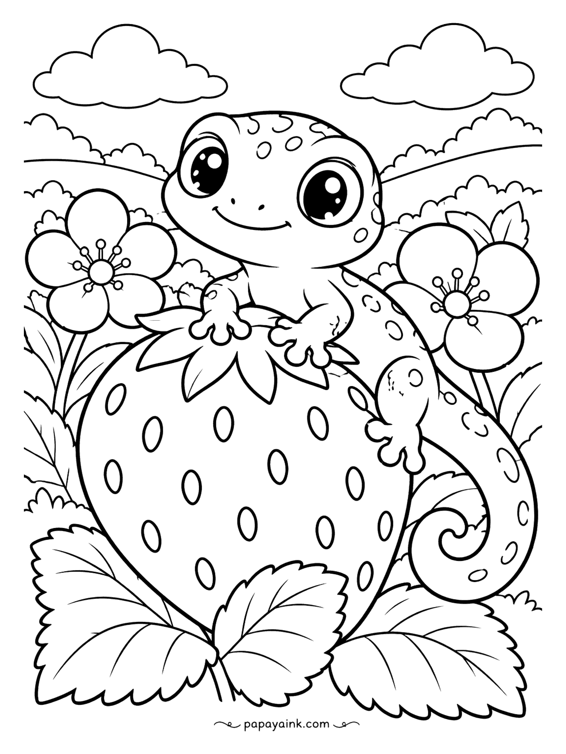 Lizard Coloring Pages - Strawberry season, and the gecko got there first. He hugs a berry bigger than himself, blossoms on either side, toe pads splayed. Big open shapes make this the easy one of the set: red berry, spotted green gecko, done.