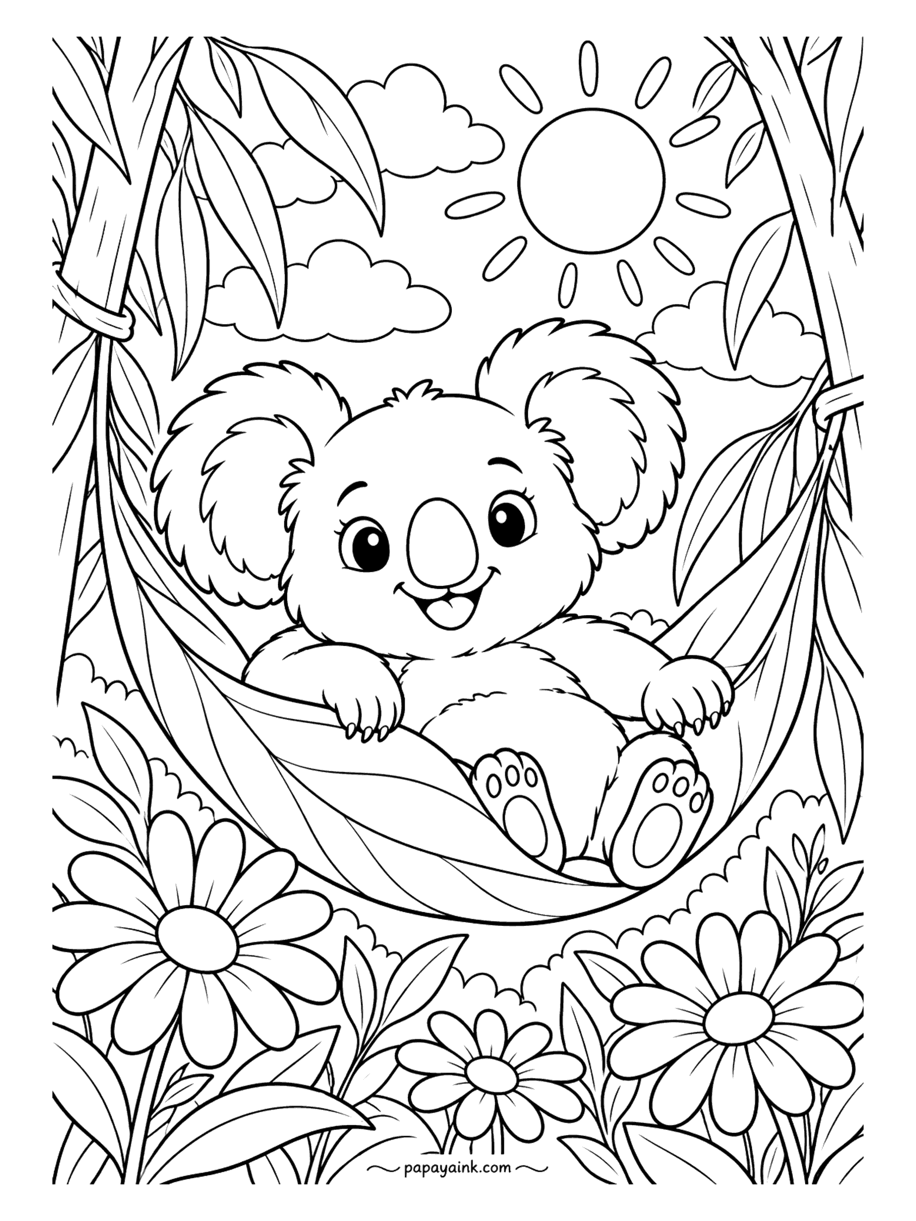 Koala Coloring Pages - One giant eucalyptus leaf makes a perfect hammock. The kawaii koala lies back in it, paws over the edge and foot pads showing, with clouds and a smiling sun overhead. Large open shapes - a good first page for a young hand.