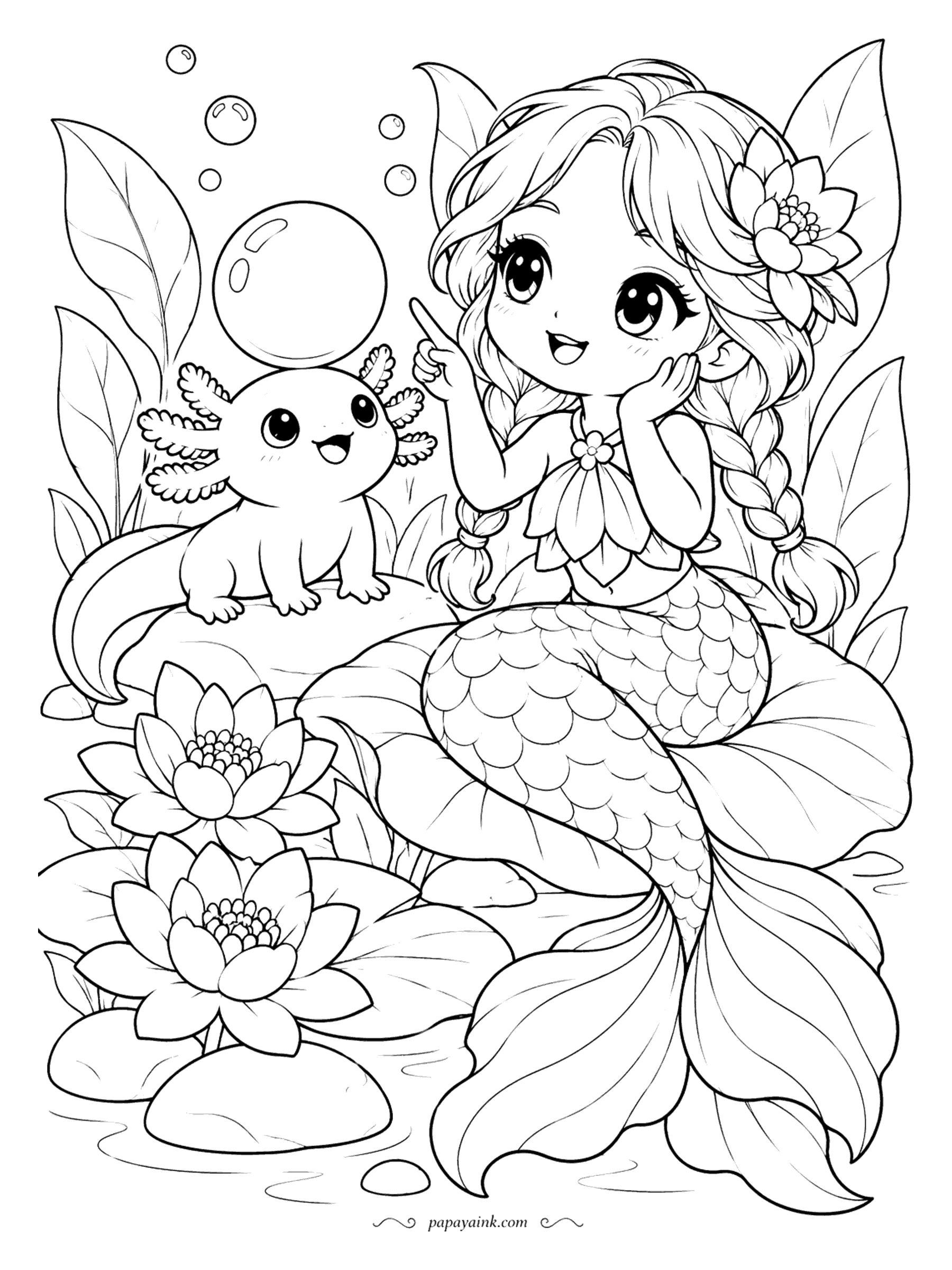 Kawaii Mermaid Coloring Pages - How long can an axolotl keep a bubble balanced over its head? She points at it from her lily pad and counts. Large petals and leaves, very few small details.