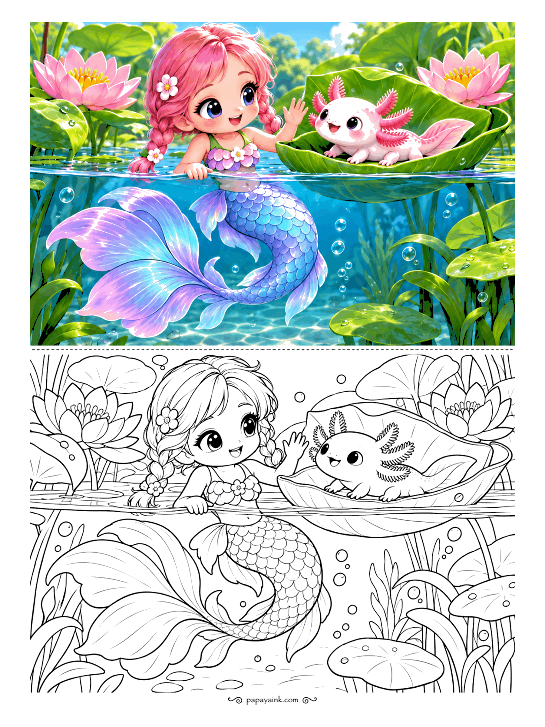 Kawaii Mermaid Coloring Pages - Not every mermaid lives in the sea - this one keeps to a lily pond. A pink axolotl, frilly gills and all, has claimed a lotus leaf as its boat and waves back from the deck.
