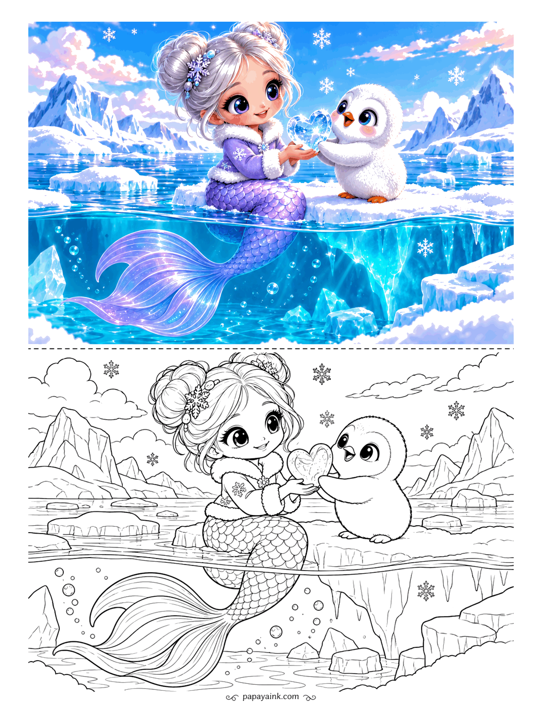 Kawaii Mermaid Coloring Pages - Snowflakes fall on an ice floe where a fluffy penguin chick is handed a heart carved from clear ice. Her fur-trimmed jacket stays above the waterline and the long tail trails into the cold blue below - pale sky on top, deeper shades under the surface.