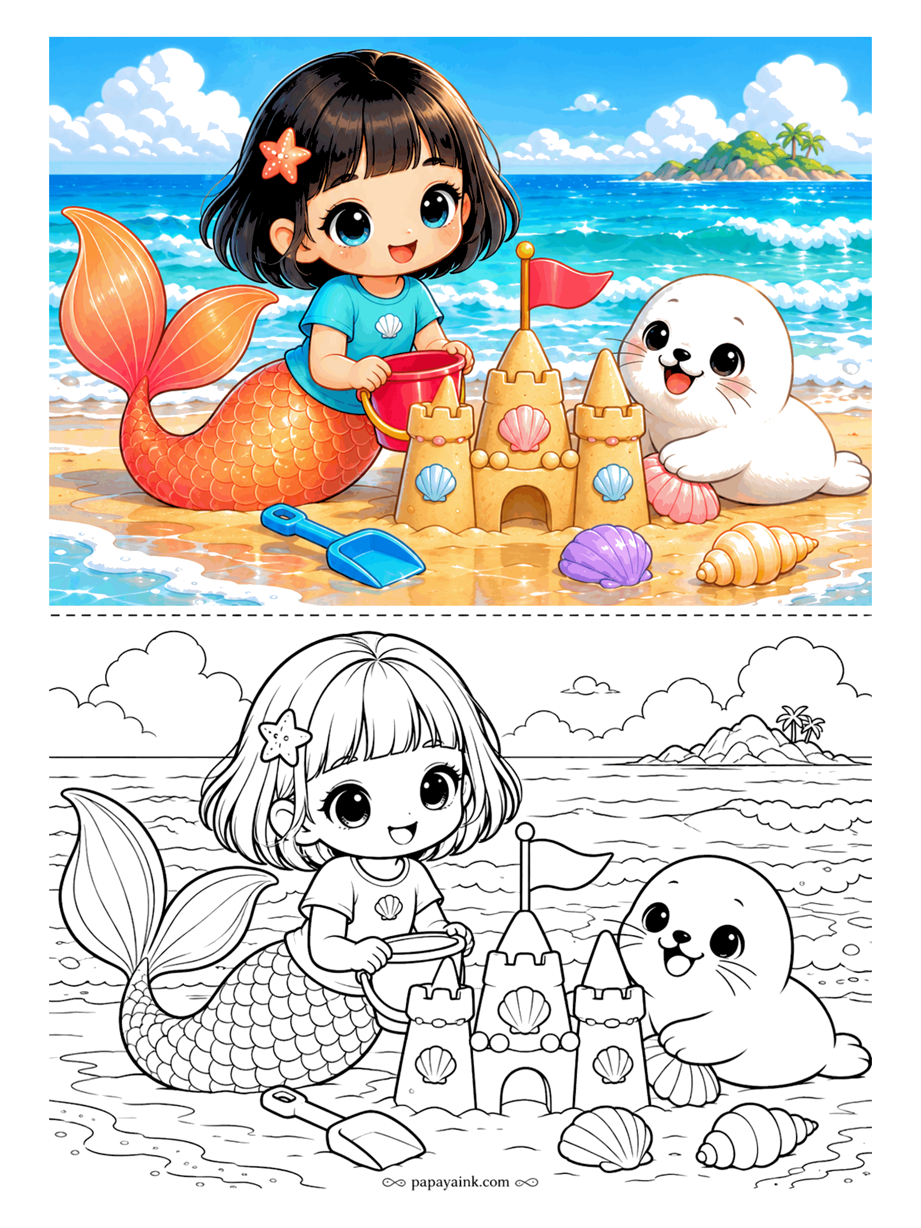 Kawaii Mermaid Coloring Pages - Castle construction on the beach, with a shell pressed into every tower and a flag on top. The white seal pup has brought one more scallop for the wall. Big open shapes - an easy page to start with.