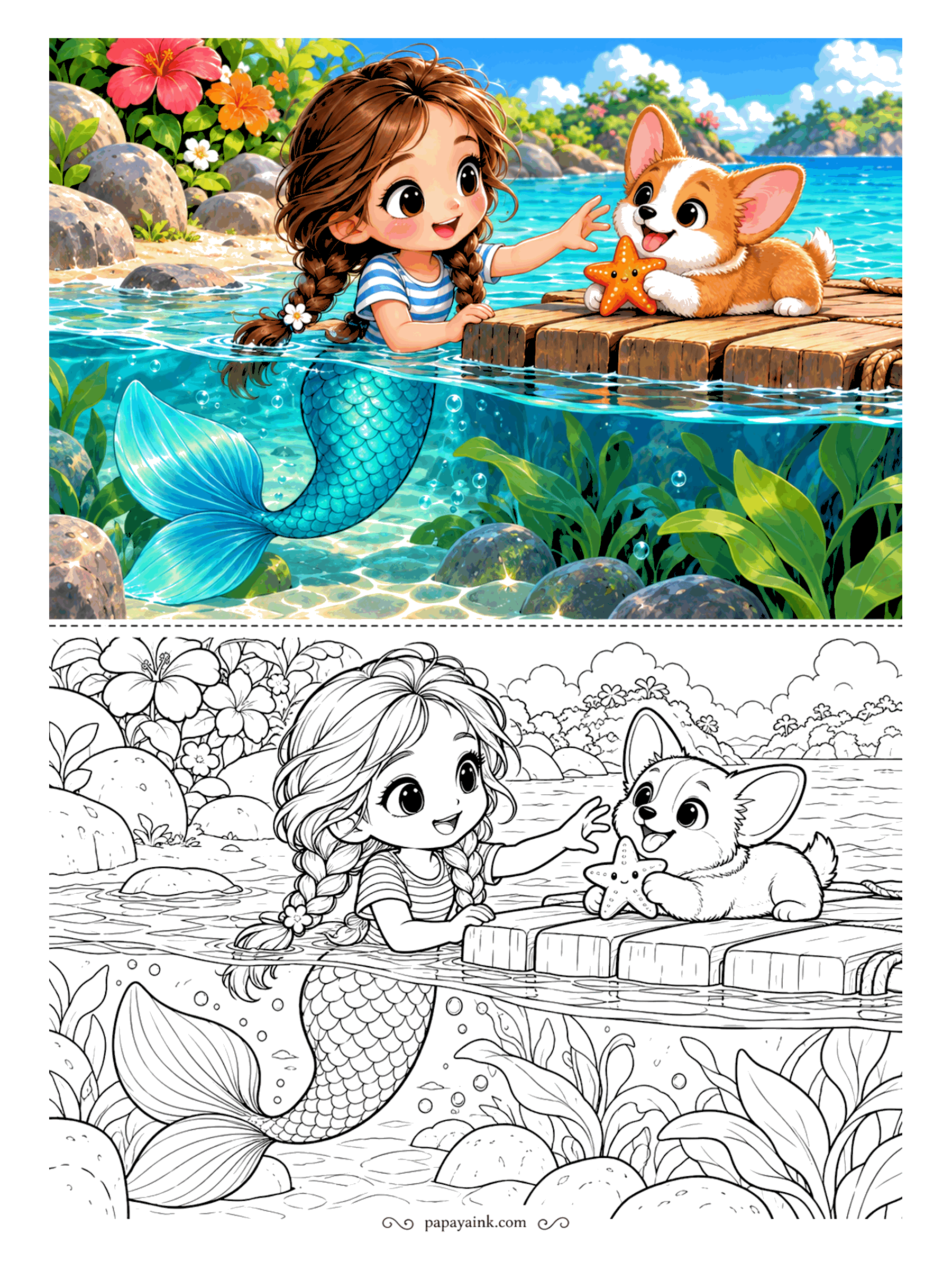 Kawaii Mermaid Coloring Pages - The corgi puppy on the wooden raft has found a starfish and is not giving it back. She leans on the planks to negotiate, braids trailing in the water. Detailed - boulders, broad leaves and a flowering shore.