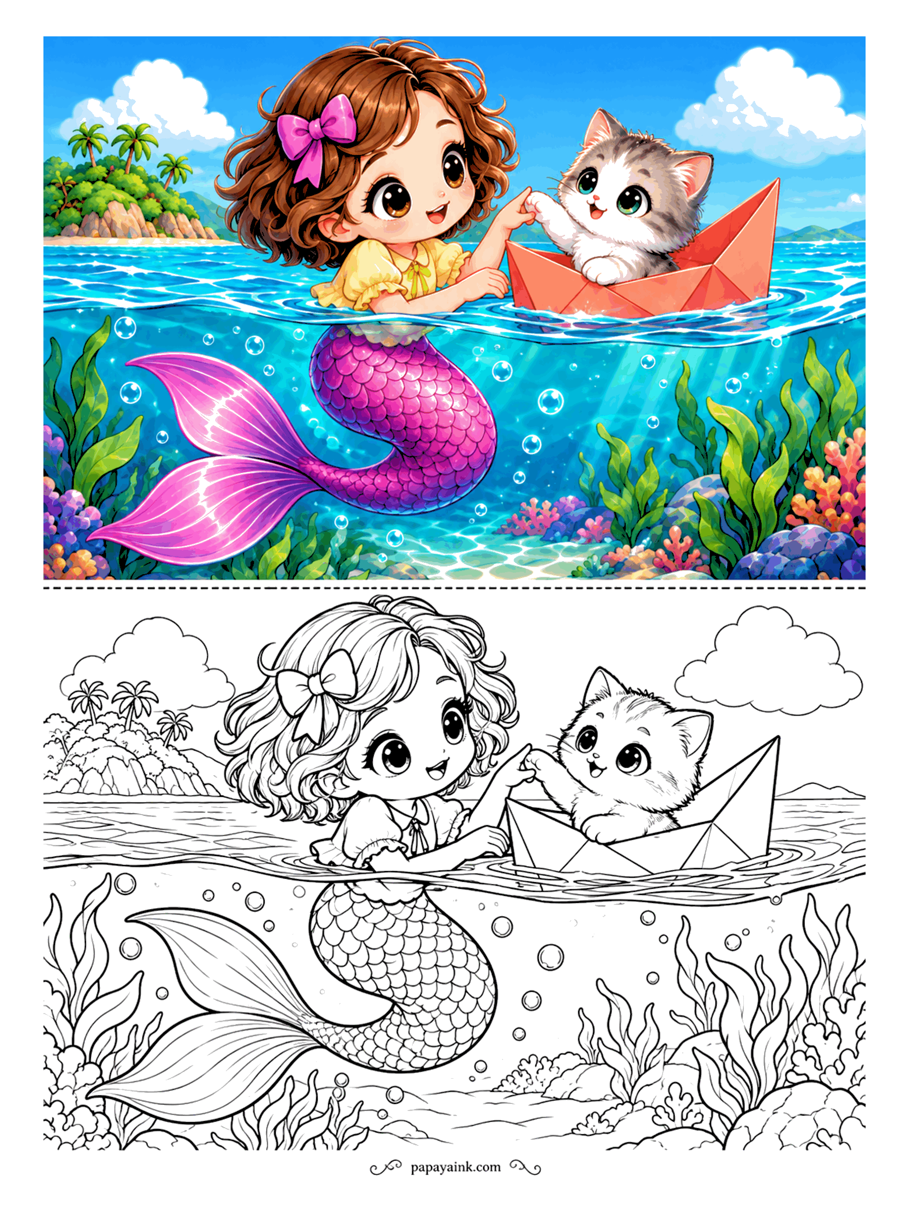 Kawaii Mermaid Coloring Pages - Half of this scene is above the water and half below. A fluffy kitten sails past in a folded paper boat and stretches out a paw to touch fingertips, while the tail curls over the reef underneath.