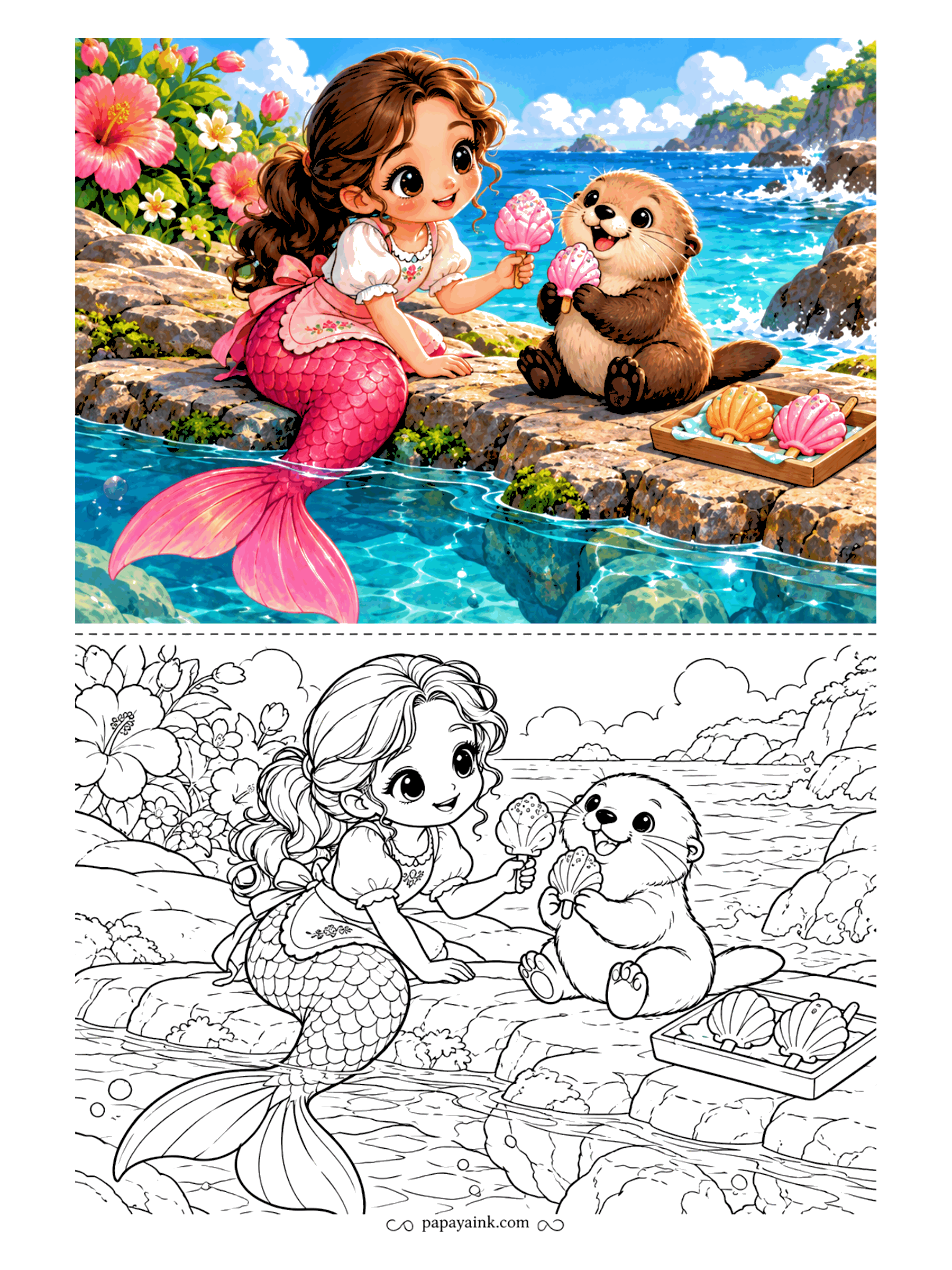 Kawaii Mermaid Coloring Pages - Shell-shaped ice pops, served on the rocks above the tide line. The sea otter is halfway through its first and already eyeing the tray. Detailed - an embroidered apron, mossy stones and surf breaking in the distance.