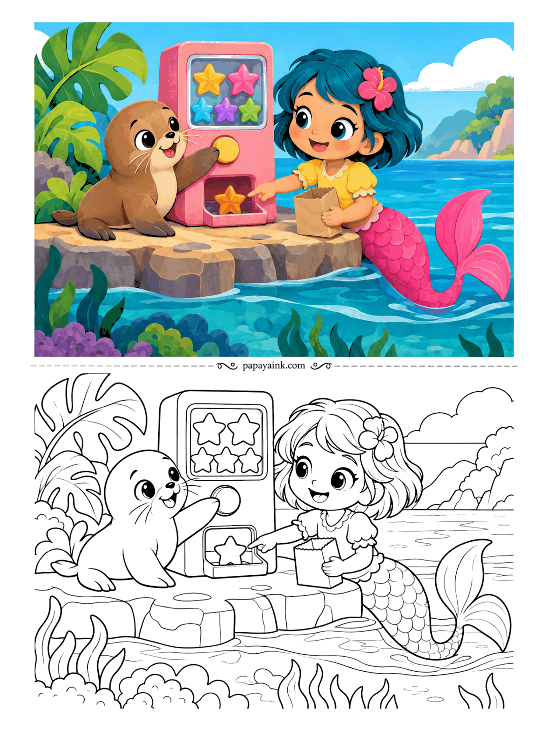 Kawaii Mermaid Coloring Pages - Press the big button and a candy star drops into the tray. The sea lion pup does the pressing, she holds the paper bag open, and a row of stars waits behind the glass. Monstera leaves and a calm bay fill the background.