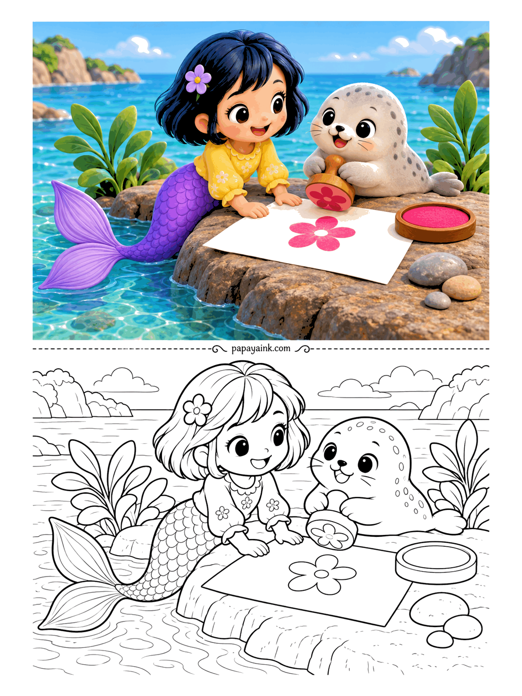 Kawaii Mermaid Coloring Pages - Printing in progress: the spotted seal pup presses a carved stamp onto paper and leaves a neat flower behind. The ink pad sits open on the rock, and she leans in to watch the next print land.