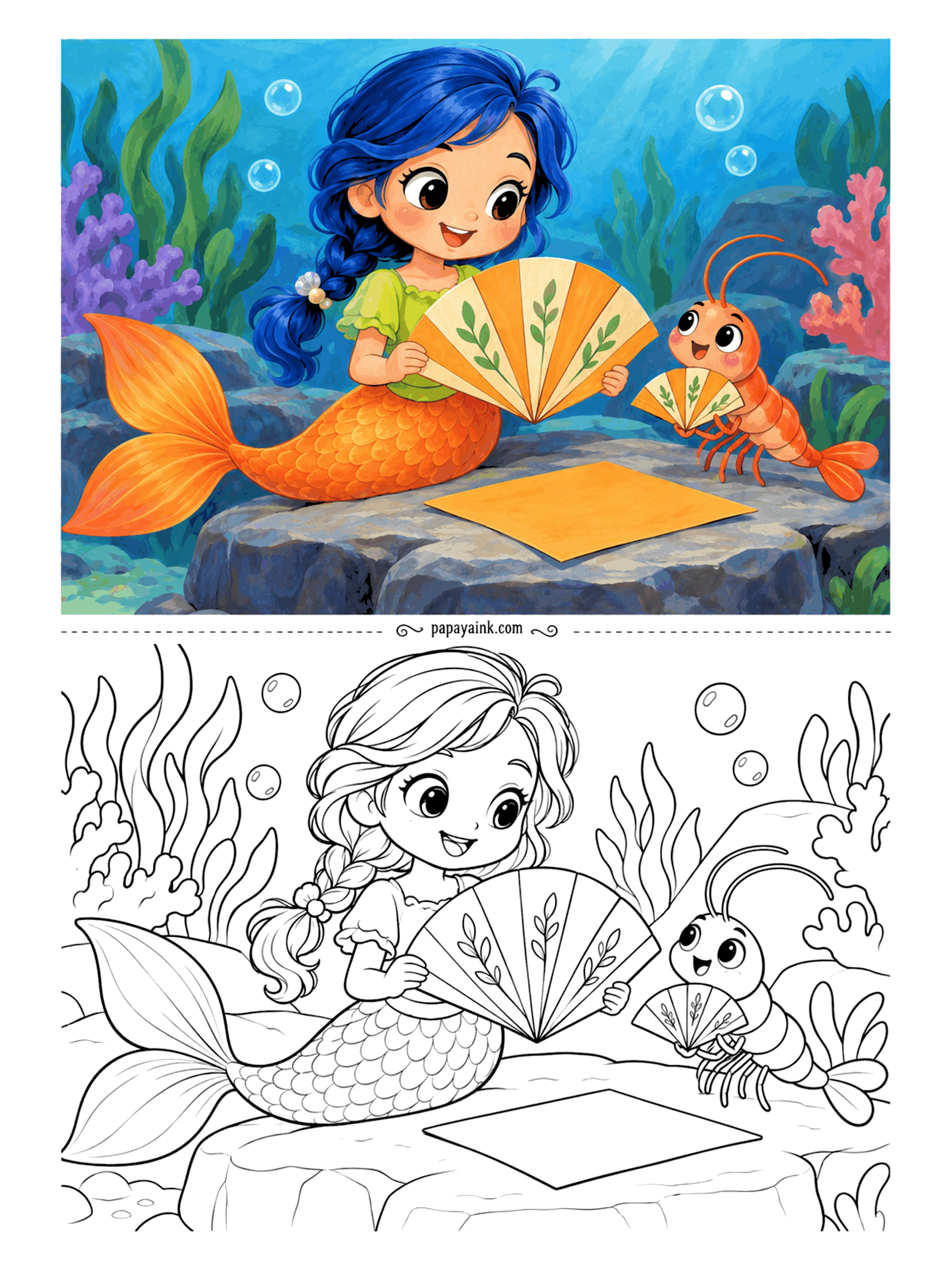 Kawaii Mermaid Coloring Pages - Matching fans, large and extra small. Hers is folded from paper painted with leafy sprigs; the shrimp holds a copy sized for its own claws. A spare sheet lies on the rock for the next one.