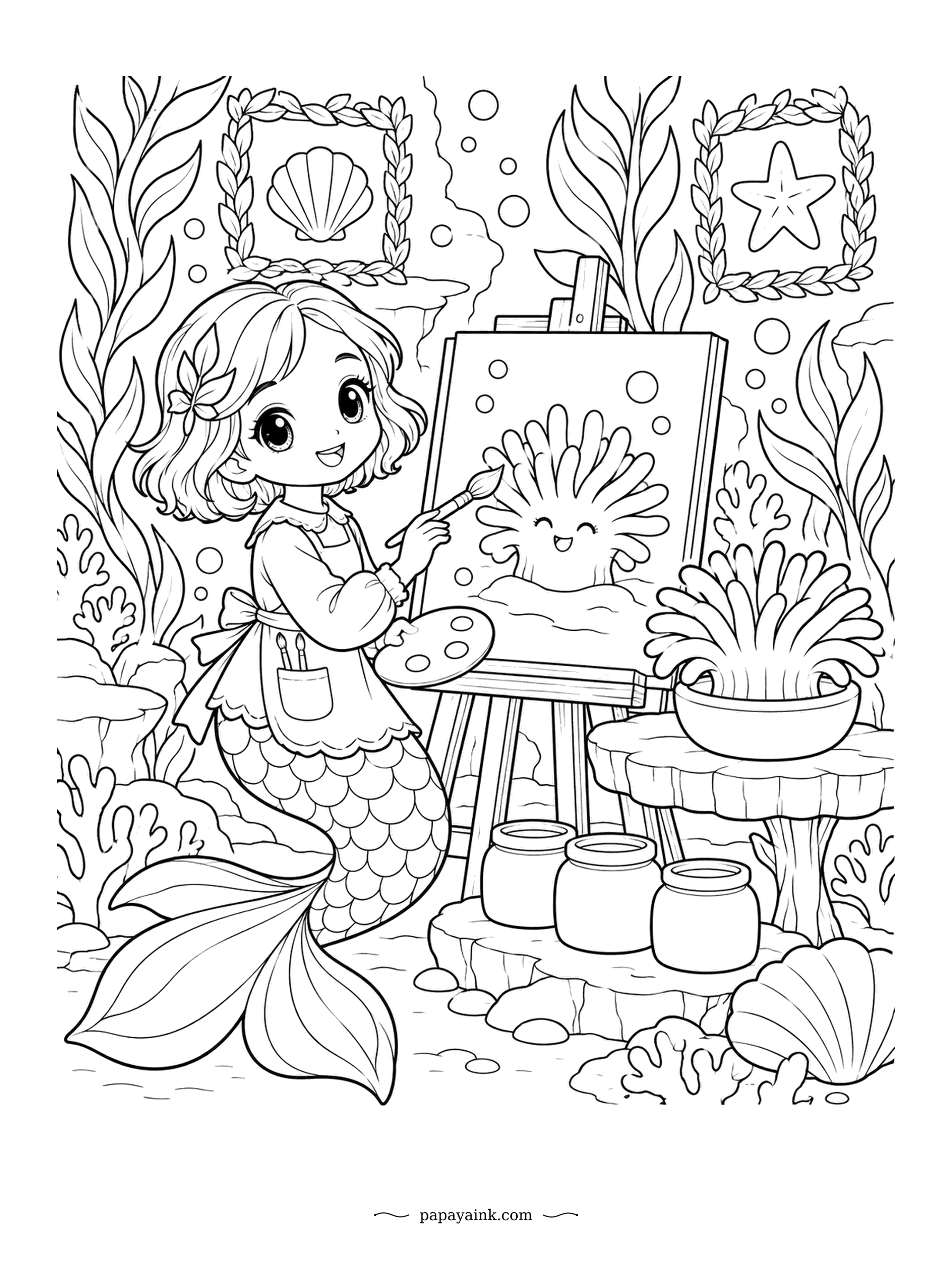 Kawaii Mermaid Coloring Pages - Portrait day at the easel, and the sitter is an anemone in a pot. It looks like a flower but it is an animal, which is why it has a face in the painting too. Detailed - framed pictures, paint jars and coral all round.