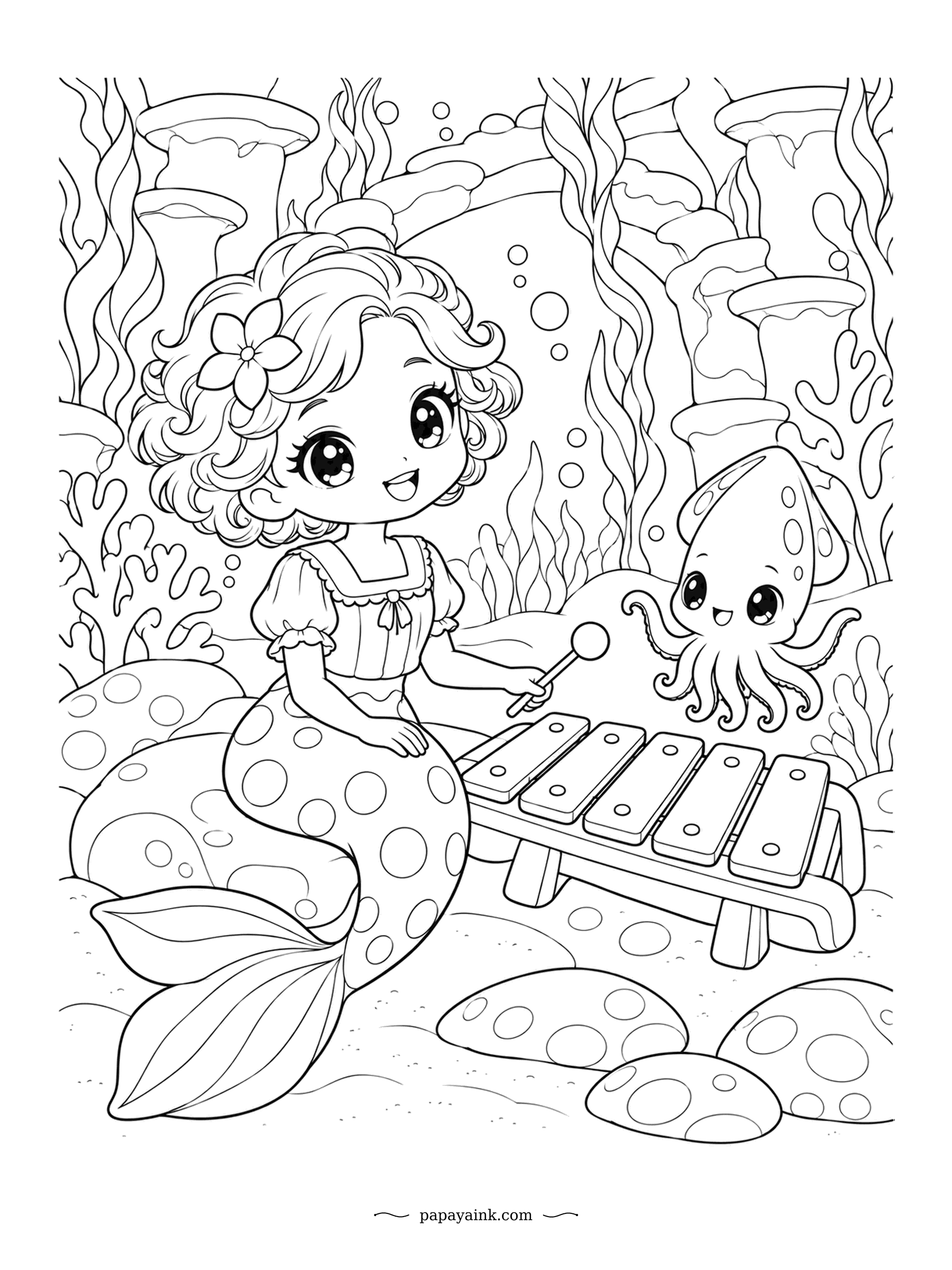 Kawaii Mermaid Coloring Pages - Xylophone practice with a baby squid, one mallet each. The squid gets the high notes because it has more arms to spare. Her polka-dot tail and the spotted rocks ask for one bright accent repeated everywhere.